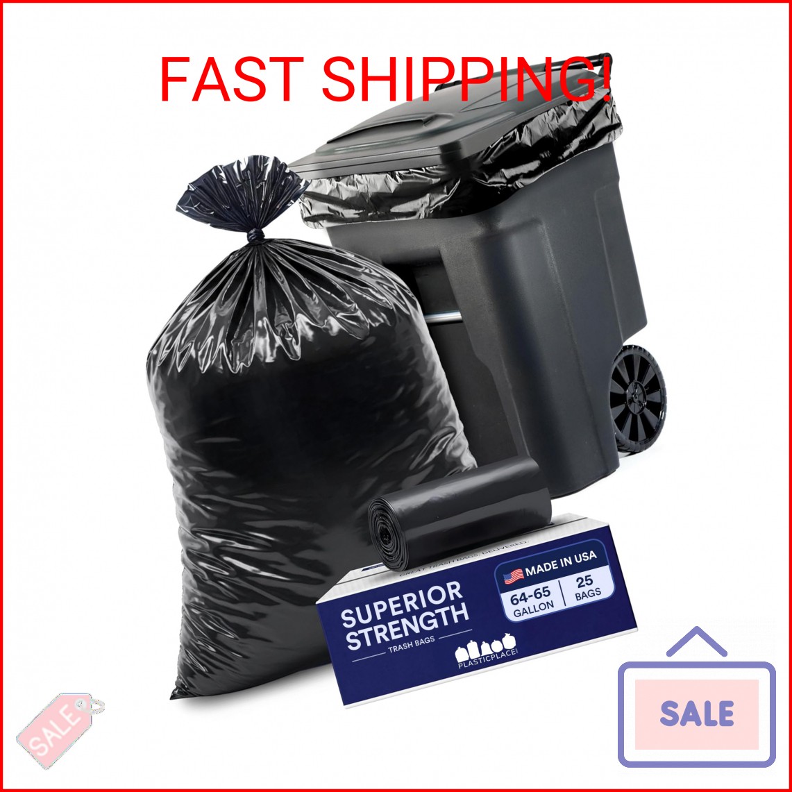 Plasticplace 64-65 Gallon Black Trash Bags, Heavy Duty Toter Can Liners, Tear &