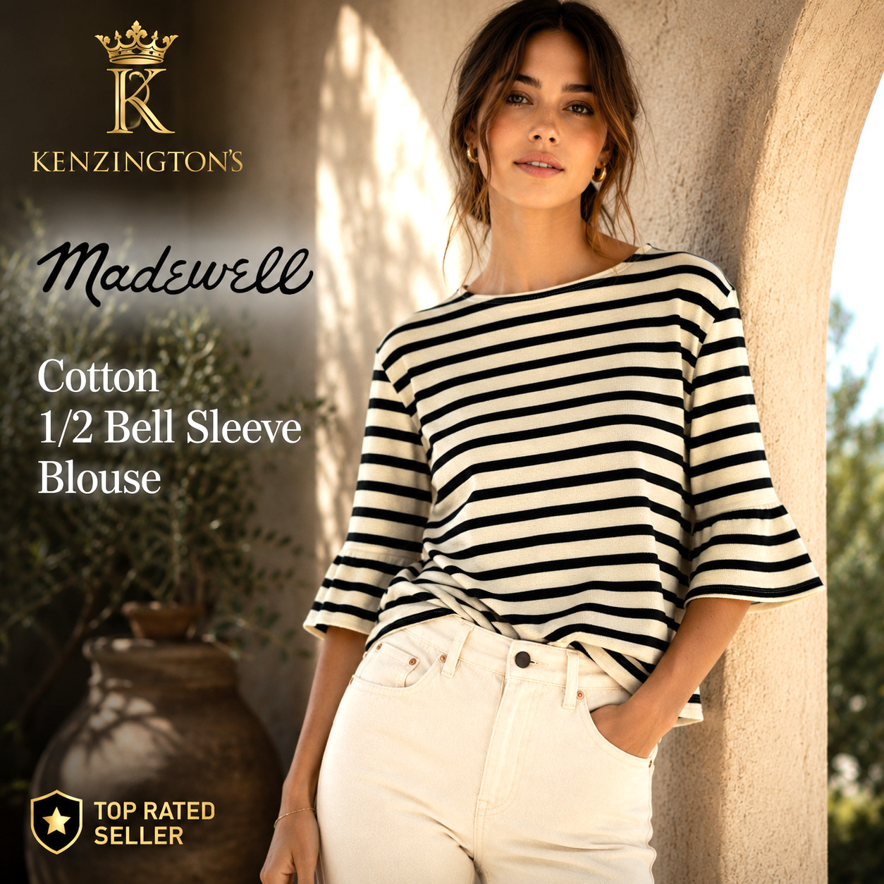 Madewell Cotton 1/2 Bell Sleeve Blouse Women’s Small Black Ivory Striped Madewell Cotton 1/2 Bell Sleeve Blouse Women’s Small Black Ivory Striped