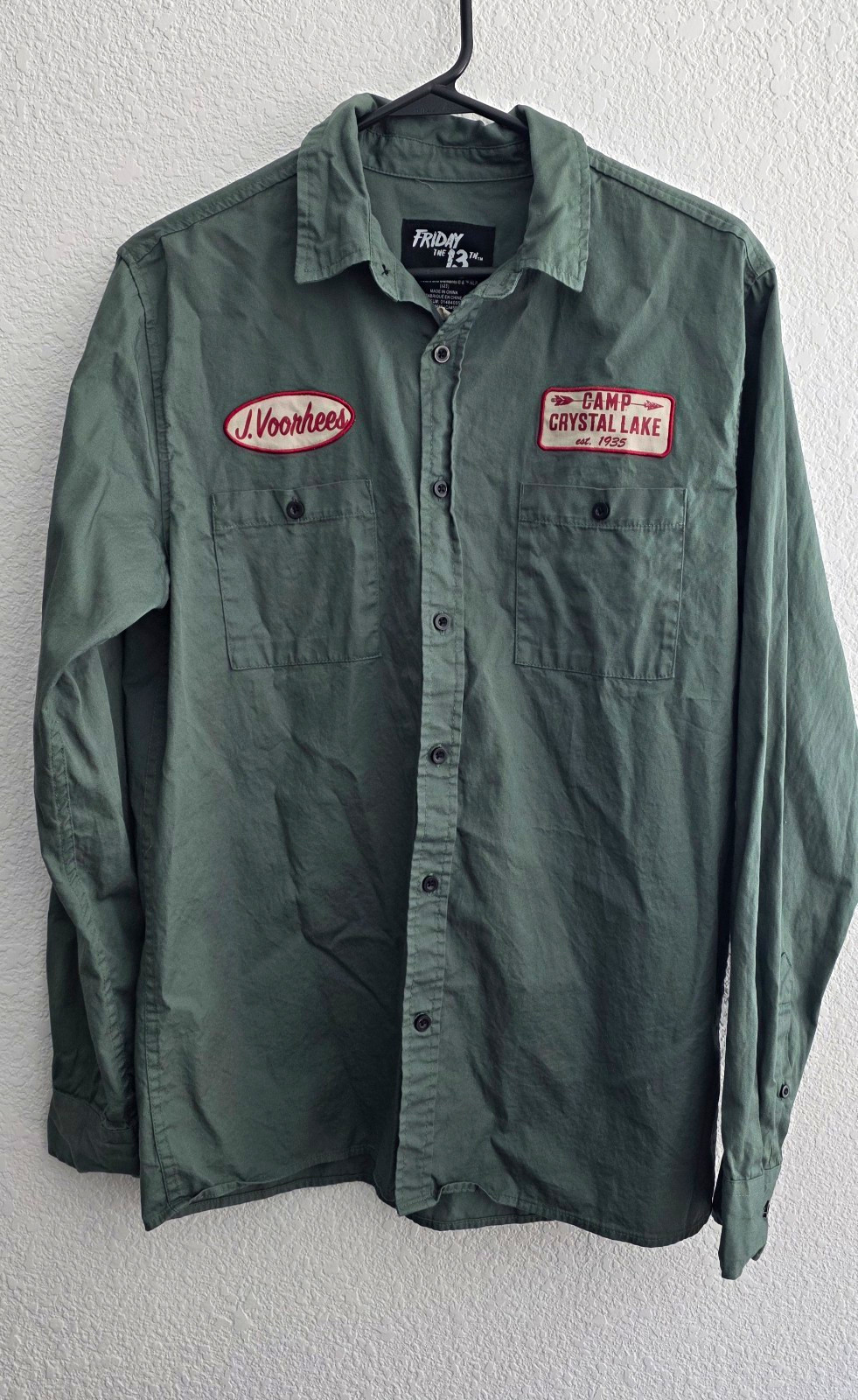 Friday the 13th Camp Crystal Lake Jason Voorhees Button Work Shirt Green M
