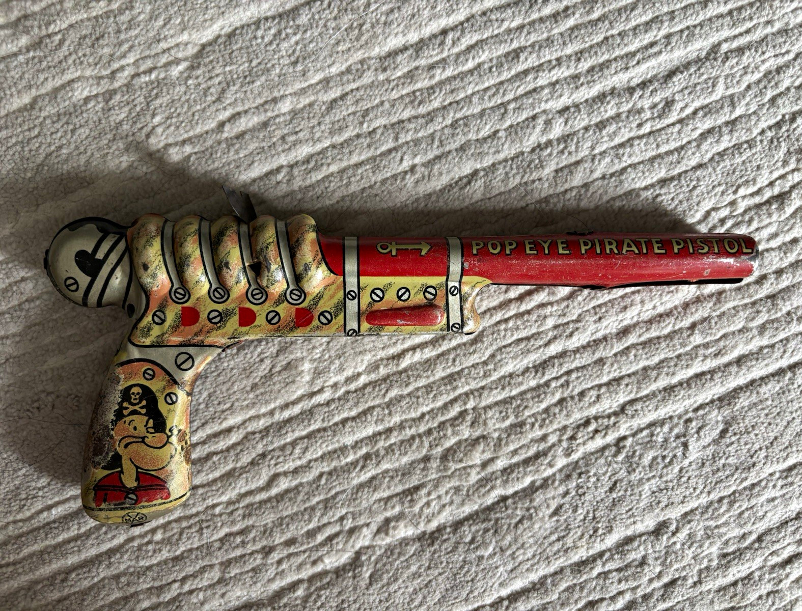 Vintage 1930 Popeye Pirate Pistol Tin Toy Gun, Age 4-7 & 8-11 Years Vintage 1930 Popeye Pirate Pistol Tin Toy Gun, Age 4-7 & 8-11 Years