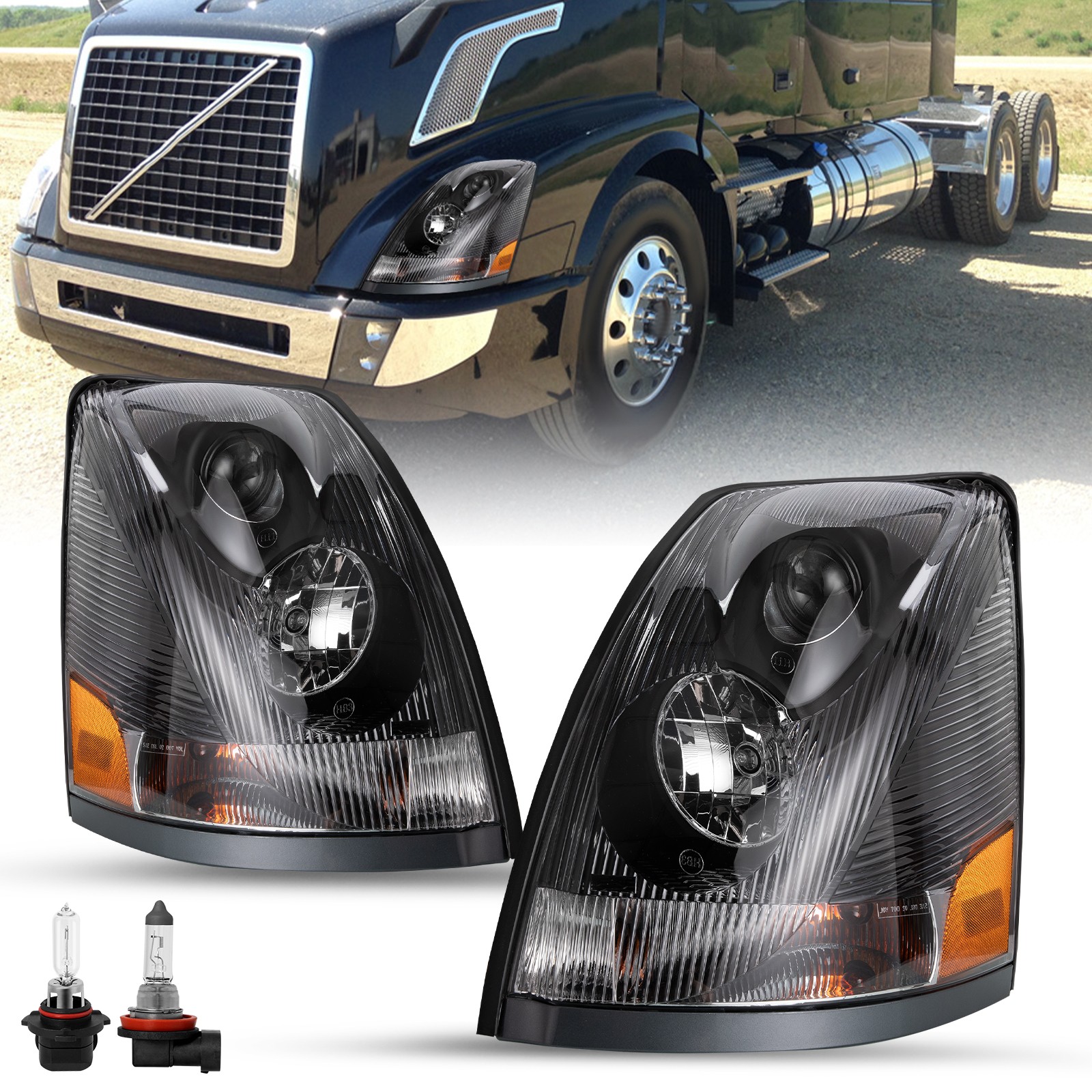 For 2004-2017 Volvo Semi Truck VN VNL Black Headlights Assembly Pair W/Bulbs