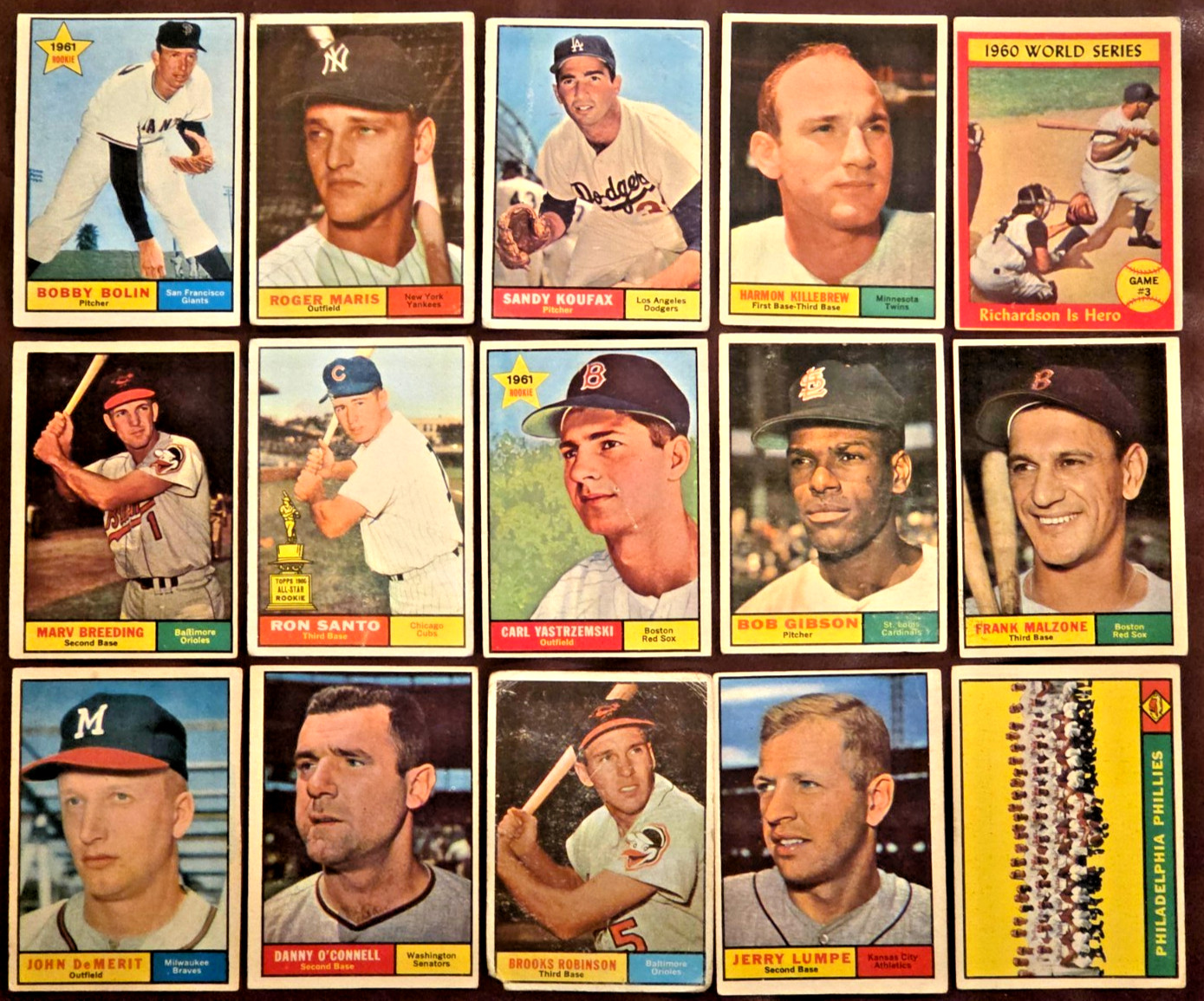 1961 Topps HOF Lot (15) Yaz Koufax Gibson Maris Santo RC BRob Killebrew MORE L/M 1961 Topps HOF Lot (15) Yaz Koufax Gibson Maris Santo RC BRob Killebrew MORE L/M