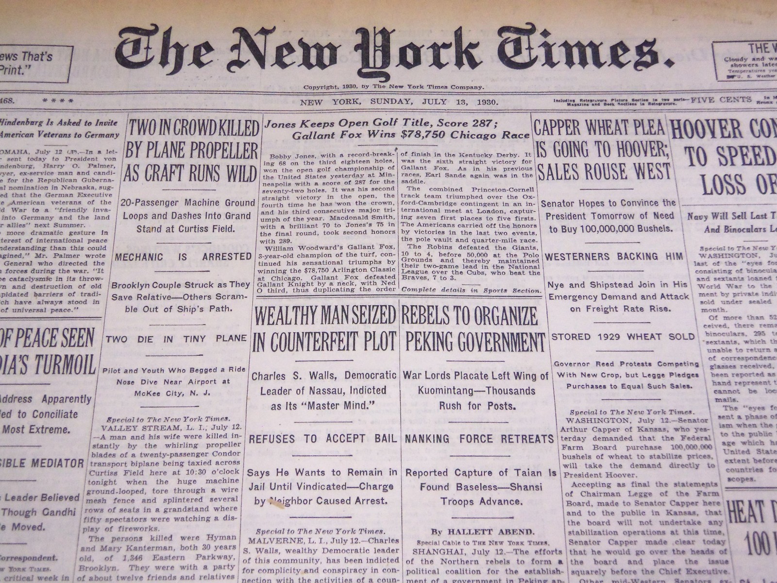 1930 JULY 13 NEW YORK TIMES - JONES KEEPS OPEN GOLF TITLE, SCORE 287 - NT 1651