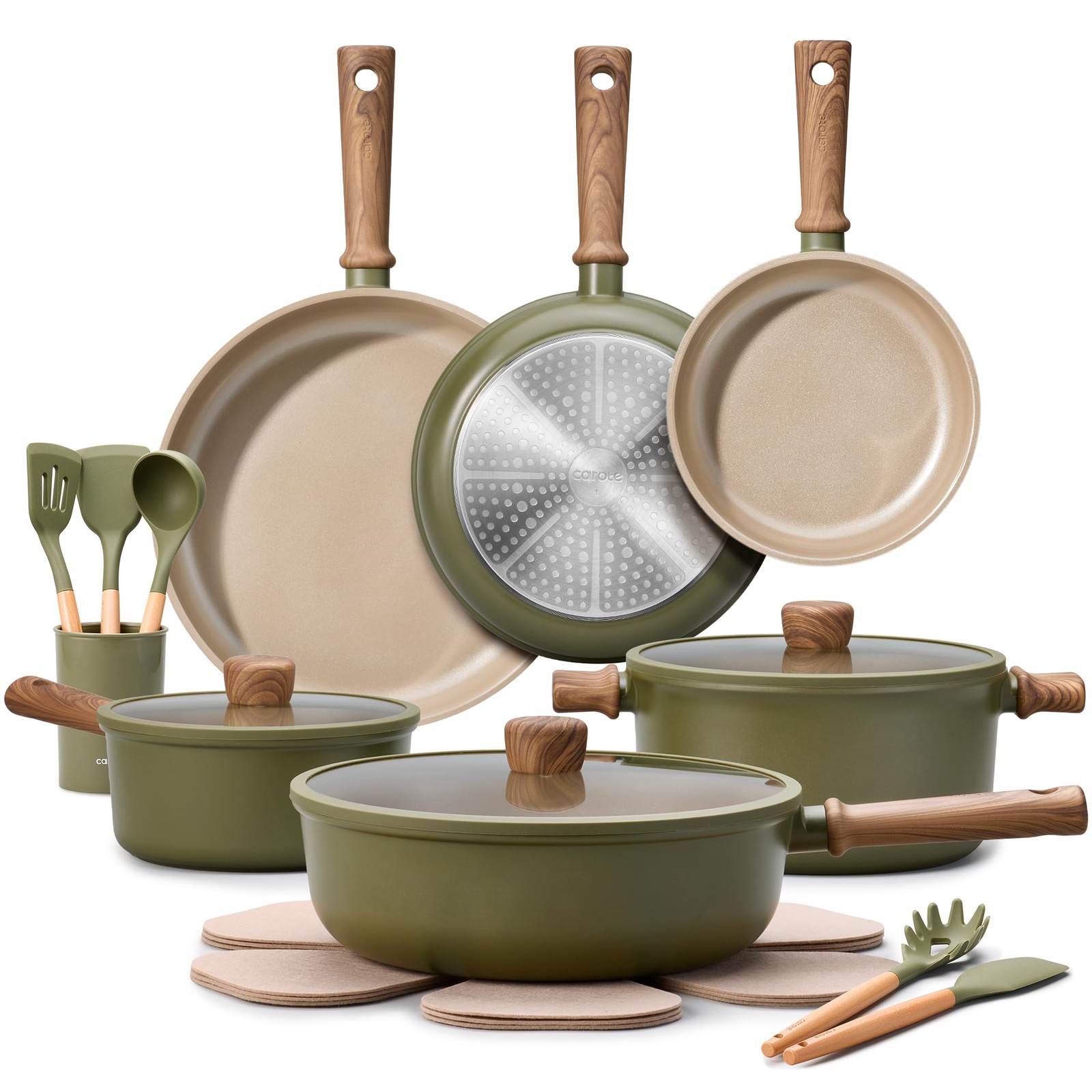 CAROTE 21pcs Ceramic Cookware Set Pots and Pans Green CAROTE 21pcs Ceramic Cookware Set Pots and Pans Green