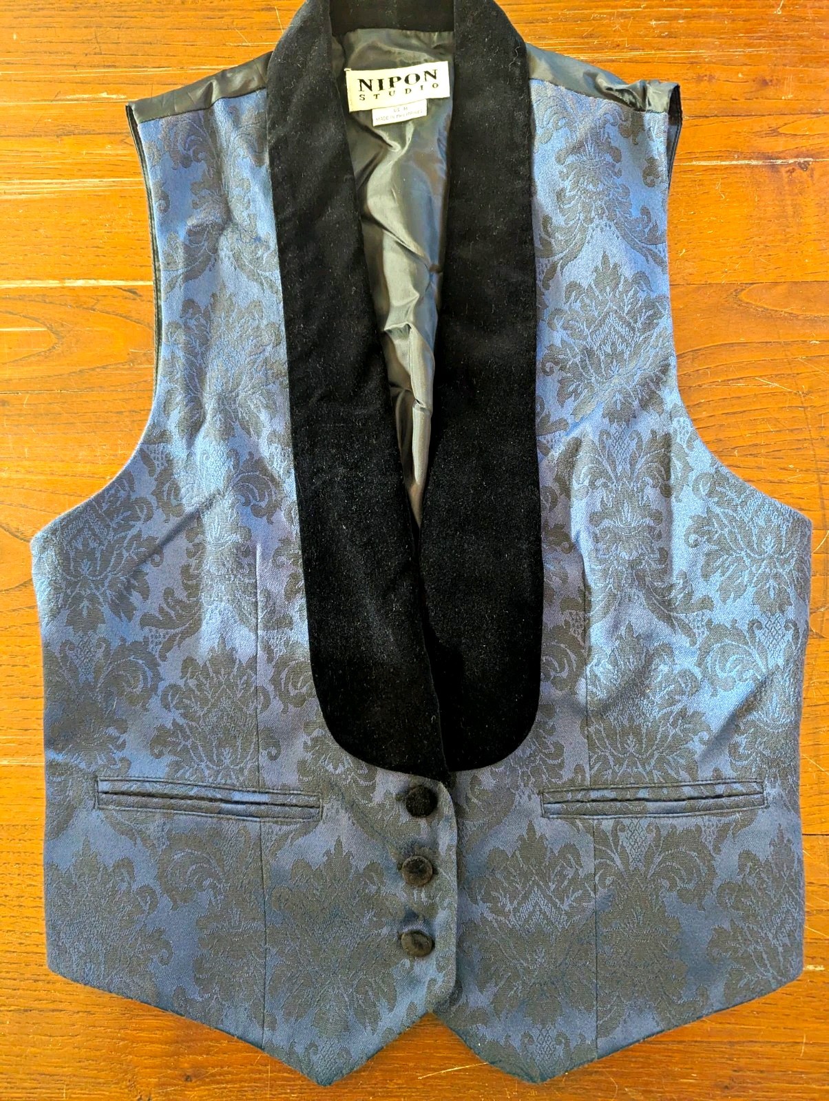 Vintage 1990s Victorian Style Goth Damask Blue And Black Velvet Vest Vampire Vintage 1990s Victorian Style Goth Damask Blue And Black Velvet Vest Vampire