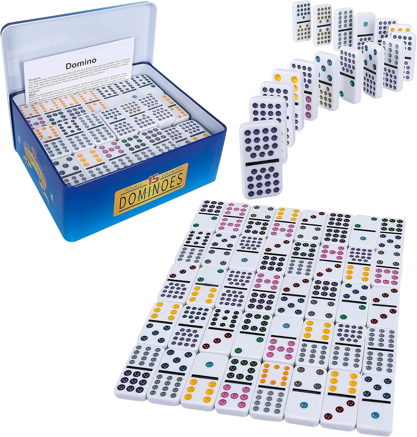 Double 15 Dominoes Set for Adults - Classic 136 Tiles Colored Dots Double Fiftee