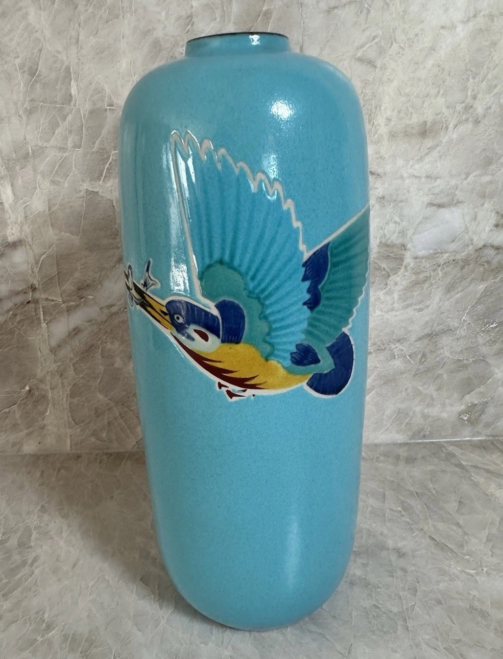 Vintage Kutani Gyokuro Japan Turquoise Kingfisher Bird Vase 10\