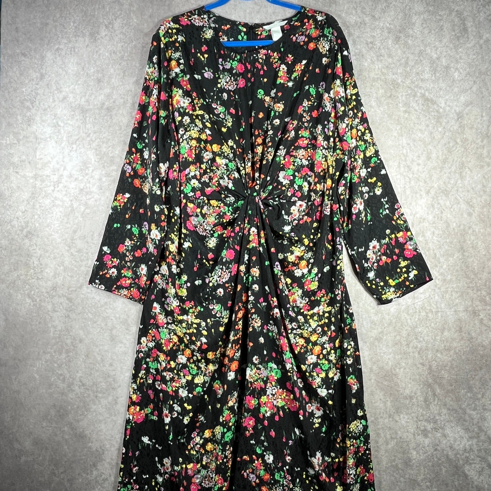 H&M Maxi Dress Womens 2XL Black Micro Floral Print Twist Front Cottagecore NEW
