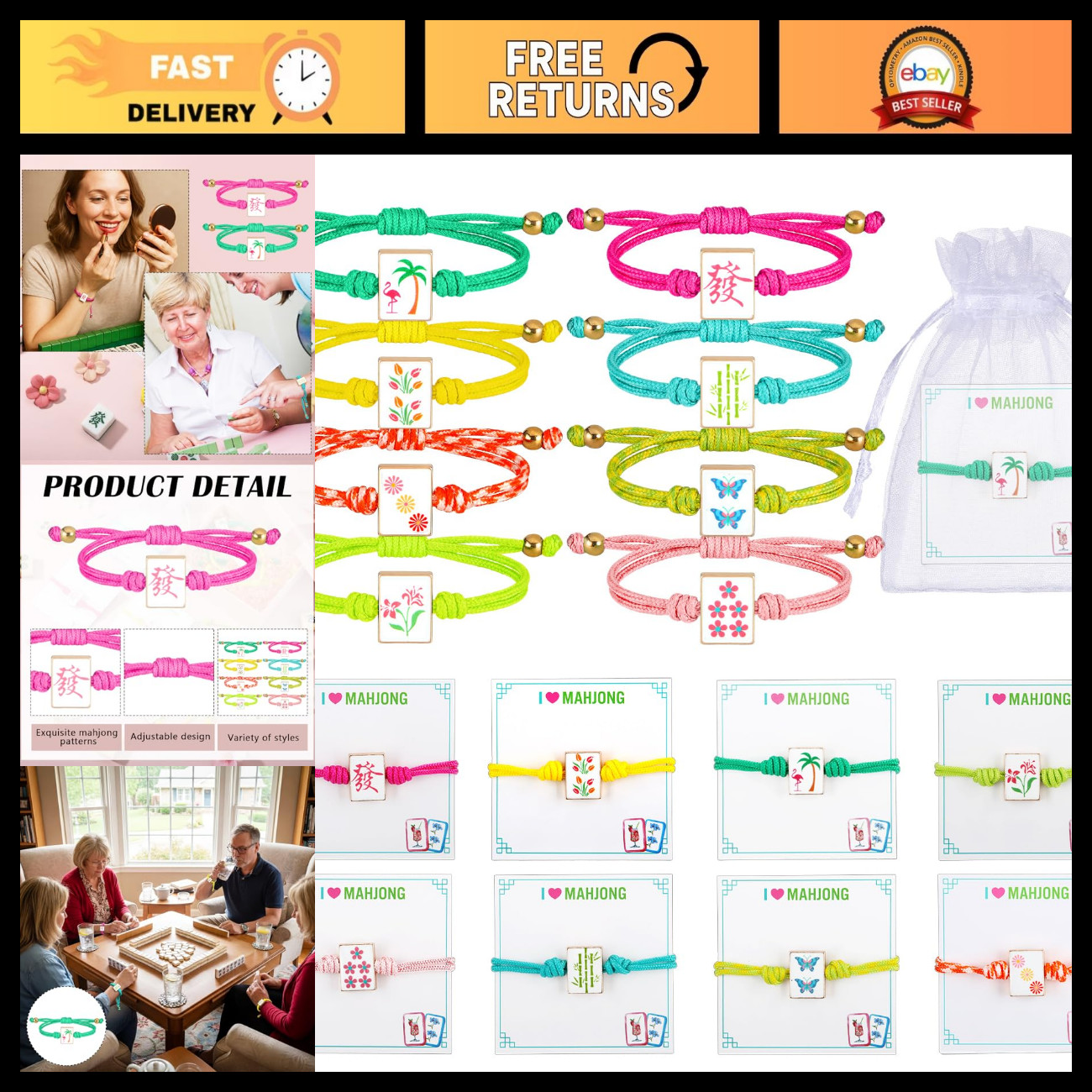 16 Set Mahjong Woven Bracelets with Card Bag - Adjustable Jewelry Gifts for Part