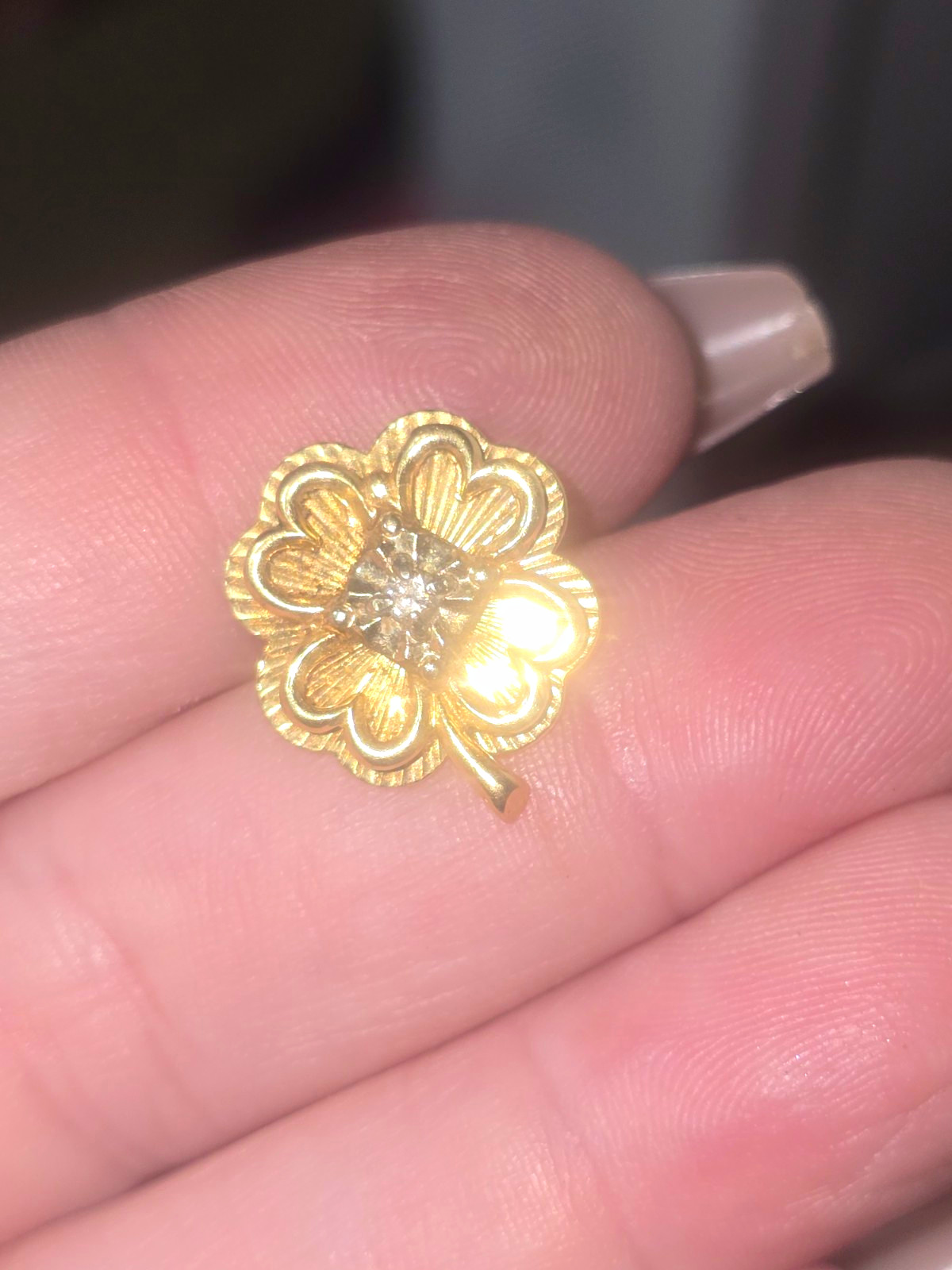 Vintage 14K Yellow Gold Diamond Four Leaf Clover Tie Tack Lapel Pin Carl-Art