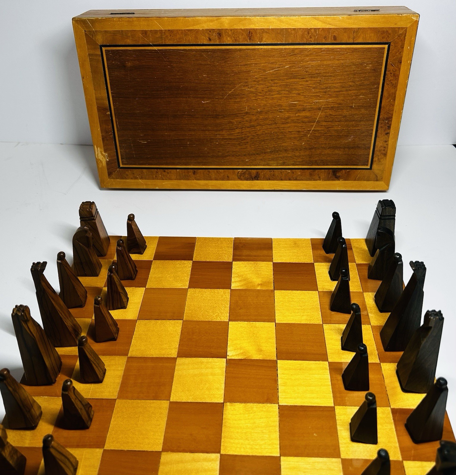 Mid Century Mod Minimalist Hand Carved Olive Wood Chess Set from Israel COMPLETE
