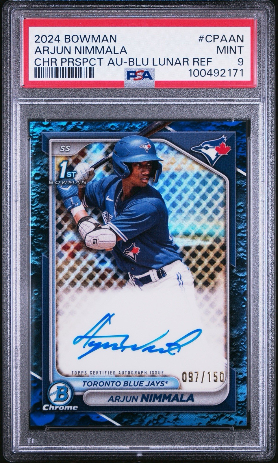 2024 Bowman Arjun Nimmala 1st Blu Lunar Ref. Auto (RC) /150 Blue Jays PSA 9 2024 Bowman Arjun Nimmala 1st Blu Lunar Ref. Auto (RC) /150 Blue Jays PSA 9