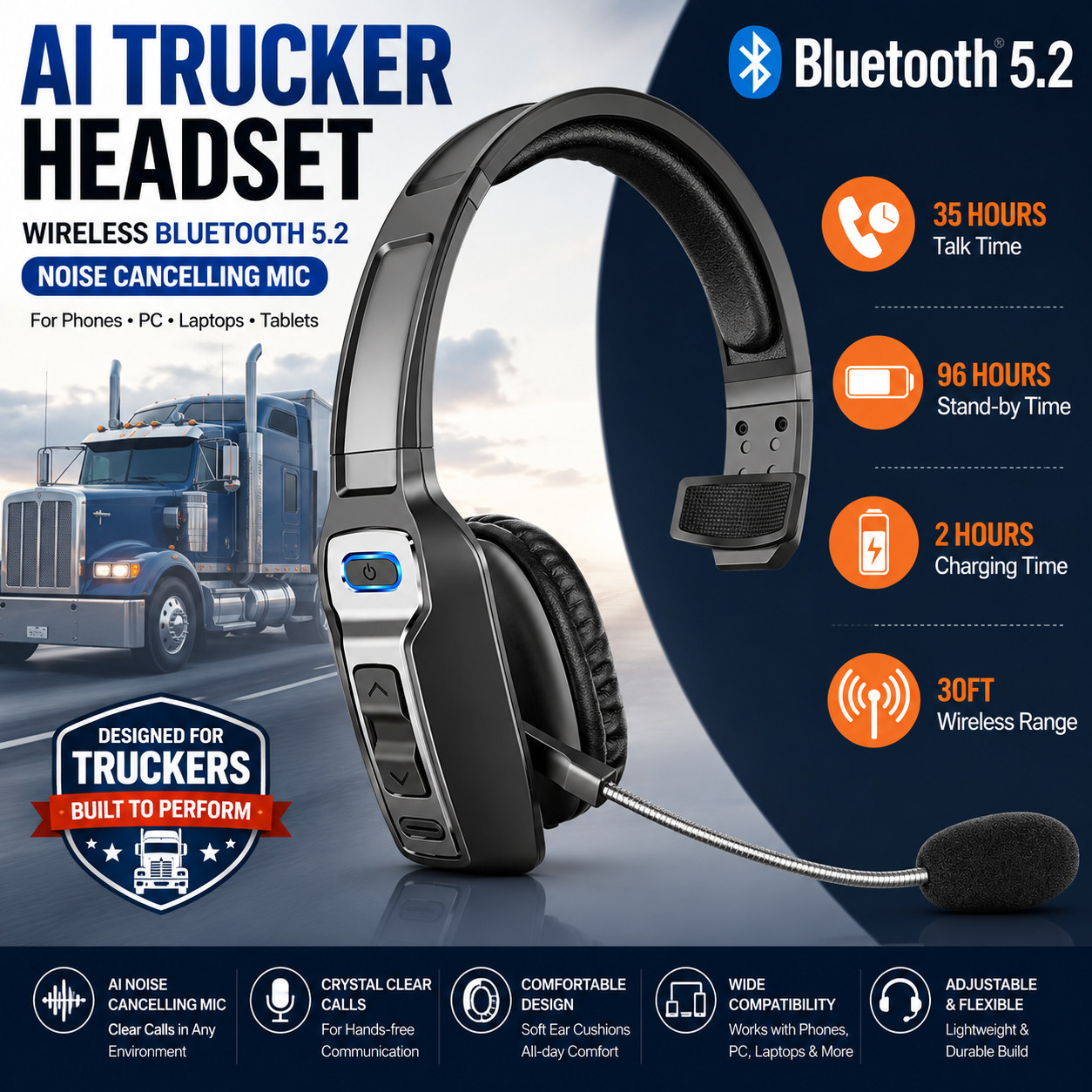 AI Trucker Headset Wireless Bluetooth 5.2 Noise Cancelling Mic For Phones PC US AI Trucker Headset Wireless Bluetooth 5.2 Noise Cancelling Mic For Phones PC US