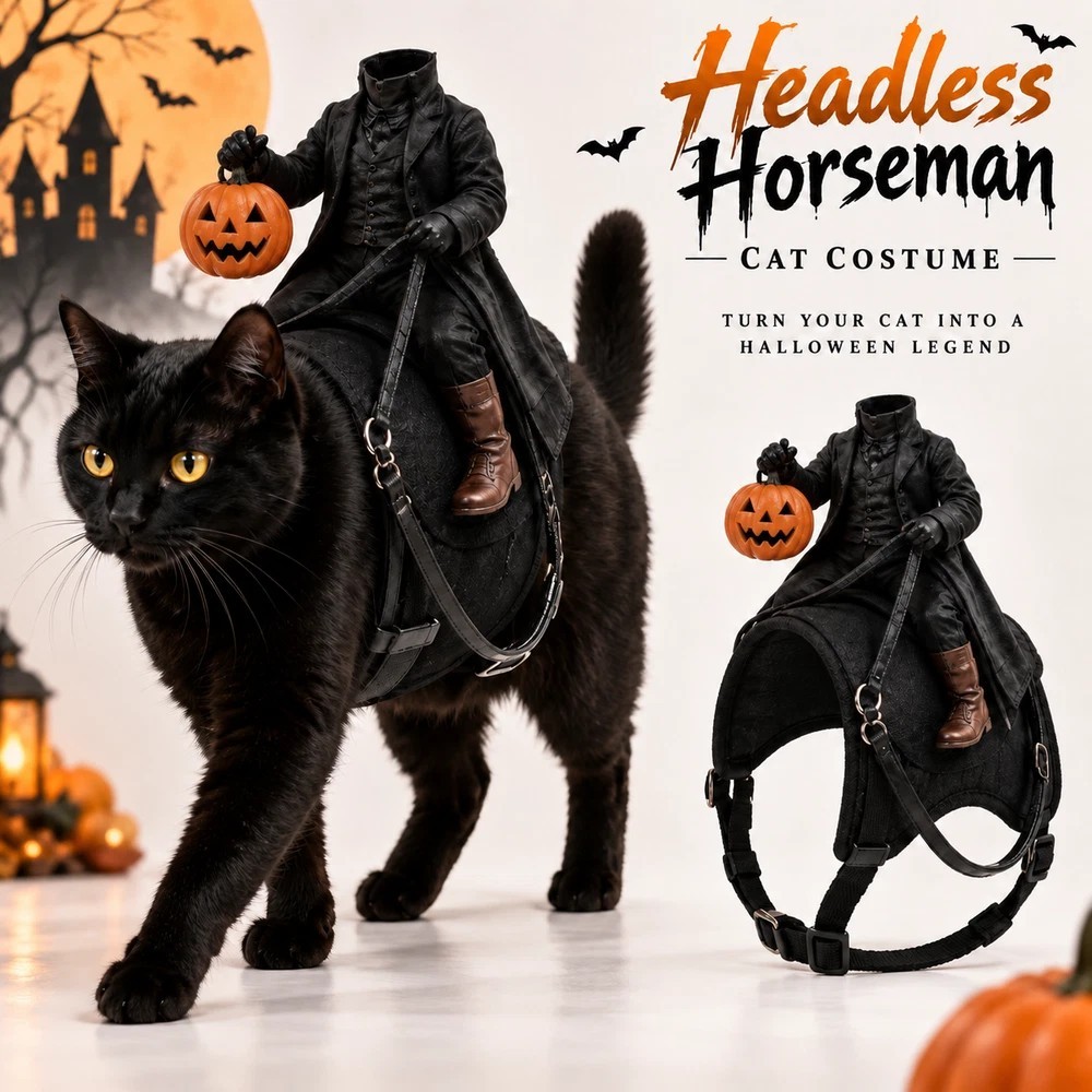 Headless Horseman Halloween Pet Costume Cat Dog Saddle Outfit Pumpkin Rider Headless Horseman Halloween Pet Costume Cat Dog Saddle Outfit Pumpkin Rider