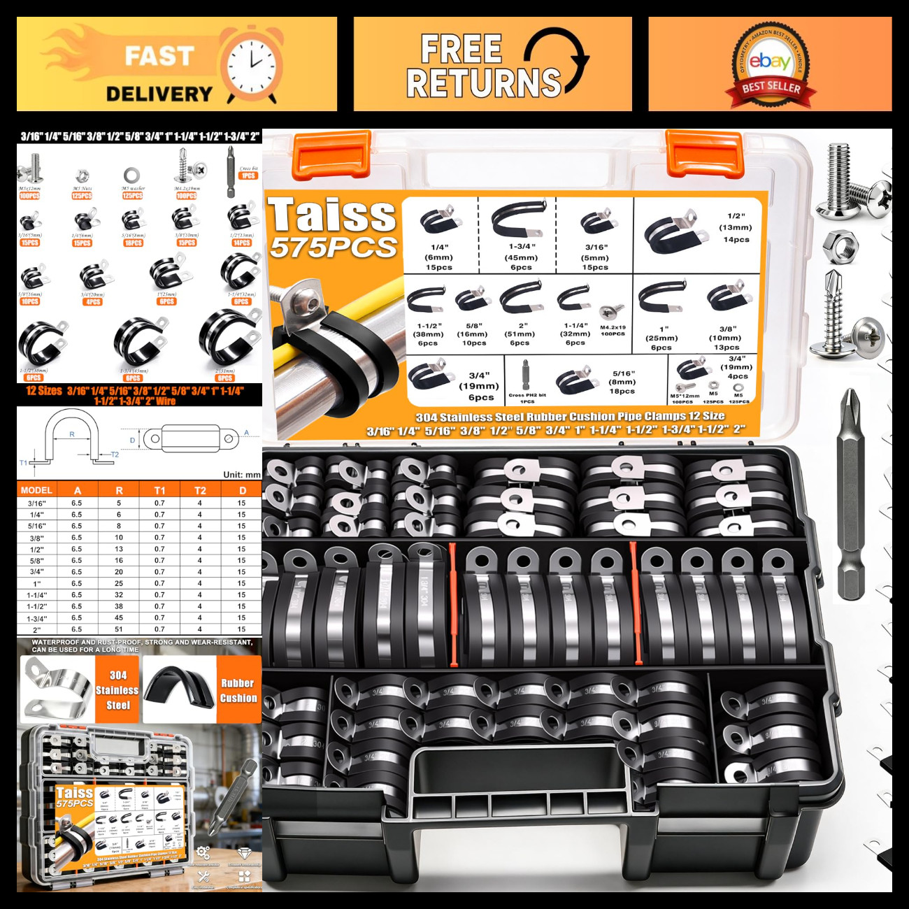 575Pcs Stainless Steel Cable Clamps Assortment Kit - 12 Sizes 3/16