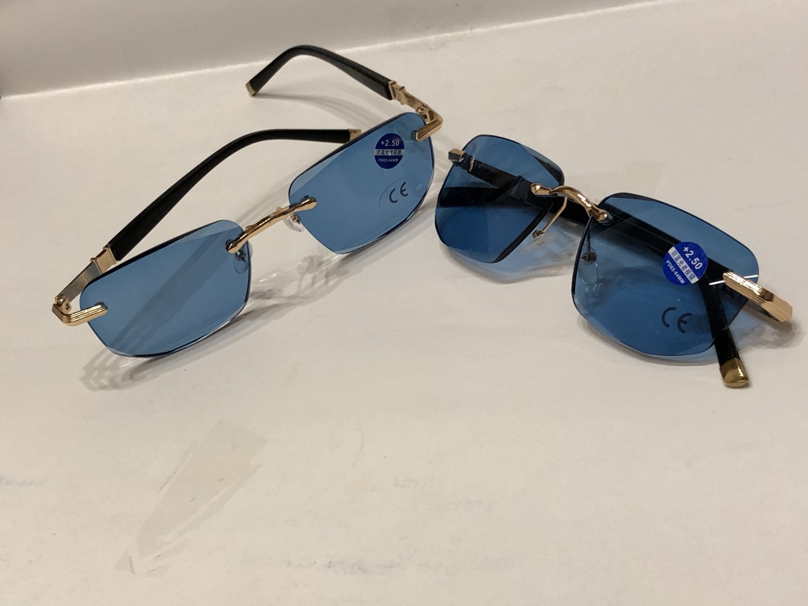 2 Pairs Rimless Reading Sunglasses +2.50 Tinted Blue Lens Gold Frame Readers Lot