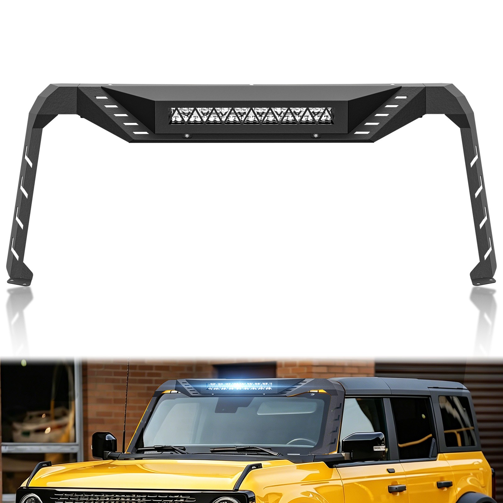 Front Windshield Frame Cover For 2021-2026 Ford Bronco With 120W LED Light Bar Front Windshield Frame Cover For 2021-2026 Ford Bronco With 120W LED Light Bar