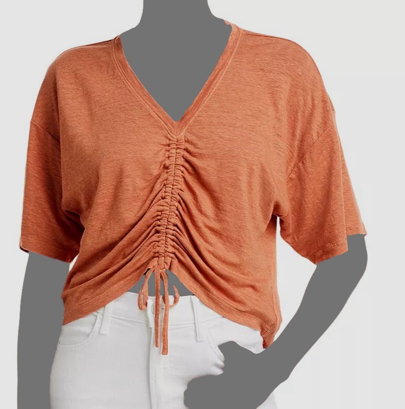 $168 Frame Women\'s Orange Linen Frame Cinched Front V-Neck T-Shirt Top Size M