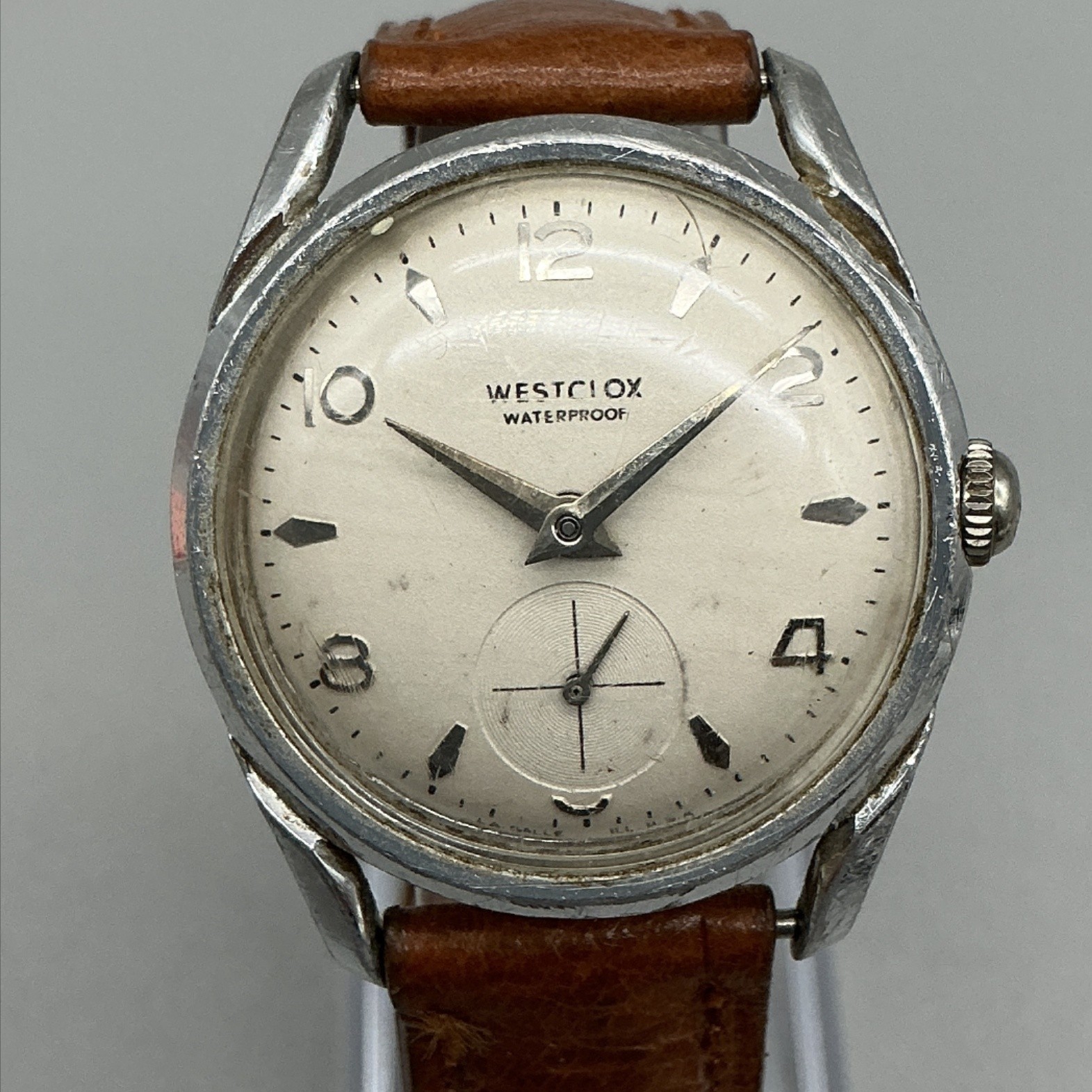 Vintage Westclox Mens Watch 34mm Cream Dial Brown Leather Strap Manual Wind Vintage Westclox Mens Watch 34mm Cream Dial Brown Leather Strap Manual Wind