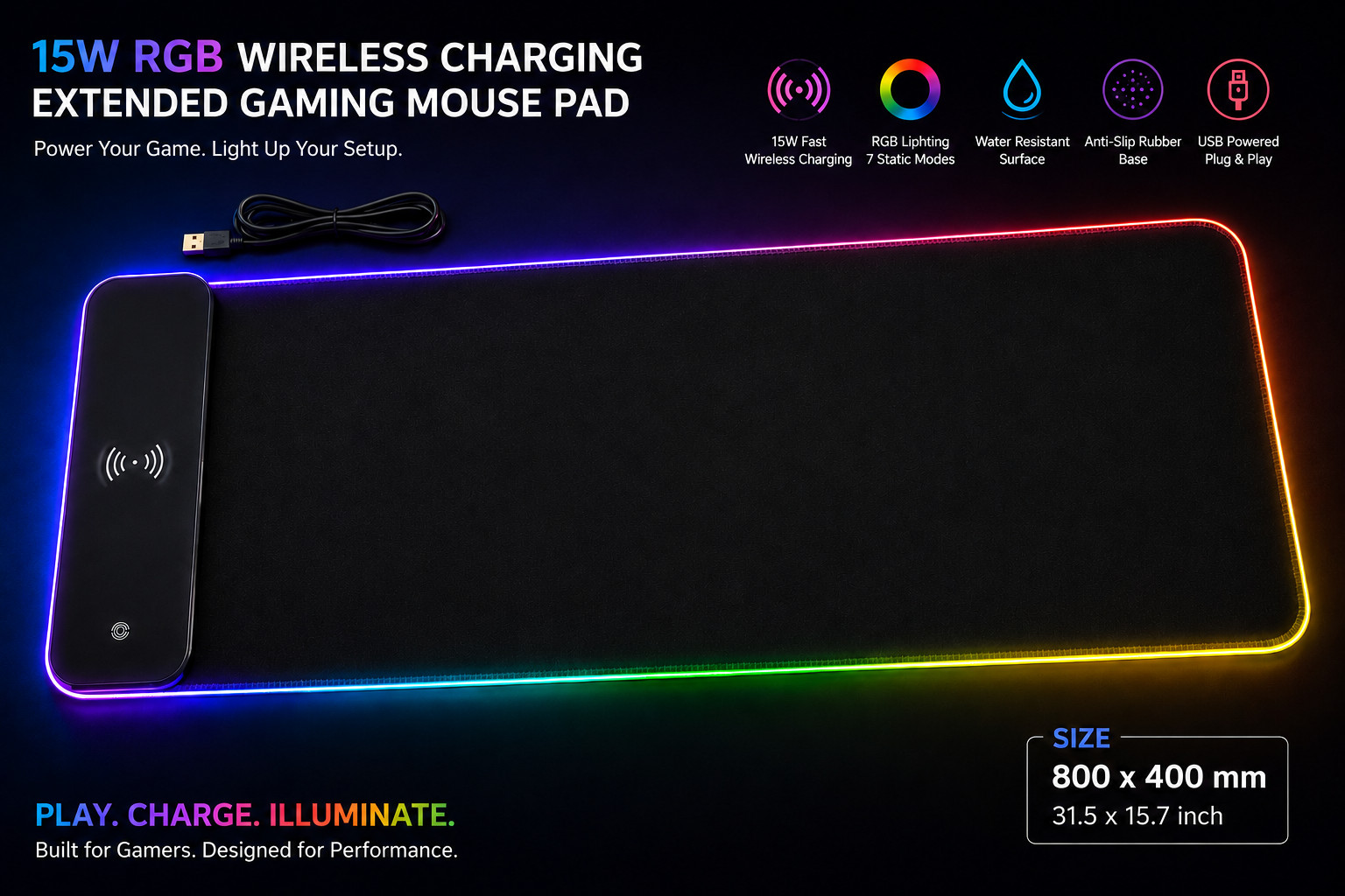 15W RGB Wireless Charging Gaming Mouse Pad Extended 800x400mm LED Desk Mat