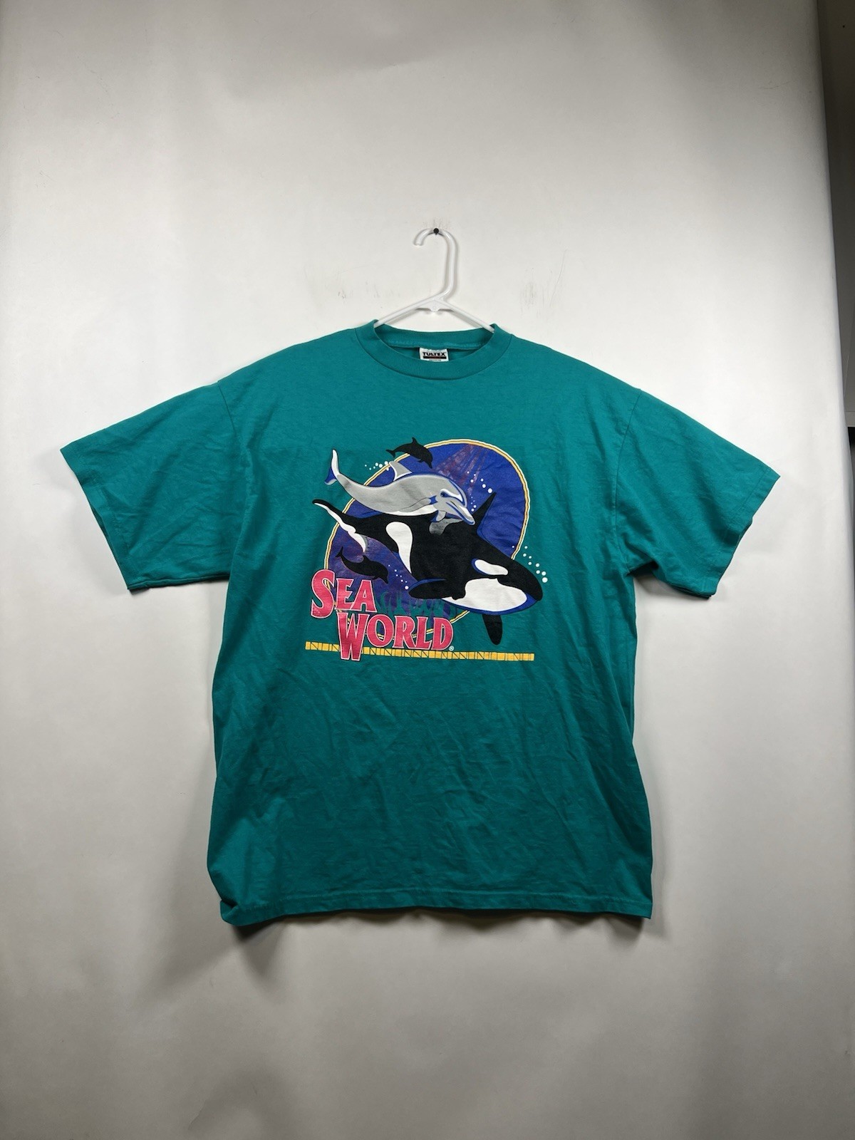 Vintage 90s SeaWorld Shamu Orca Dolphin T Shirt 2XL Tultex Teal Made in USA Crew