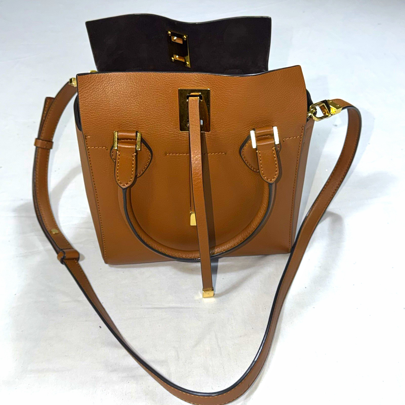 Michael Kors Collection Miranda Brown Pebbled Leather Satchel Crossbody Bag