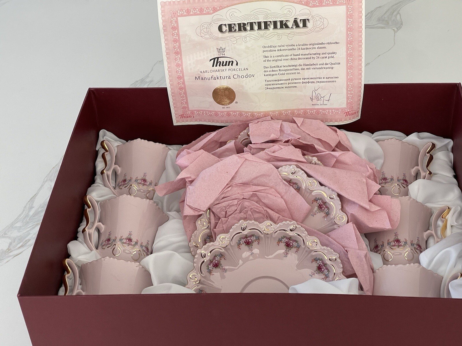 Thun Czech Karlovarsky Porcelain Original PINK FLORAL 12 Pc Coffee Set-Rare
