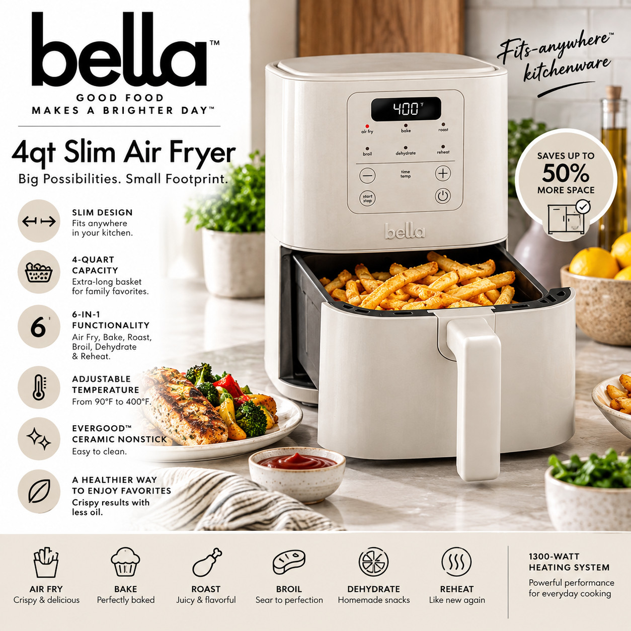 Bella 4 Qt Slim Air Fryer Oatmilk 1300W 6-in-1 Digital Nonstick Basket