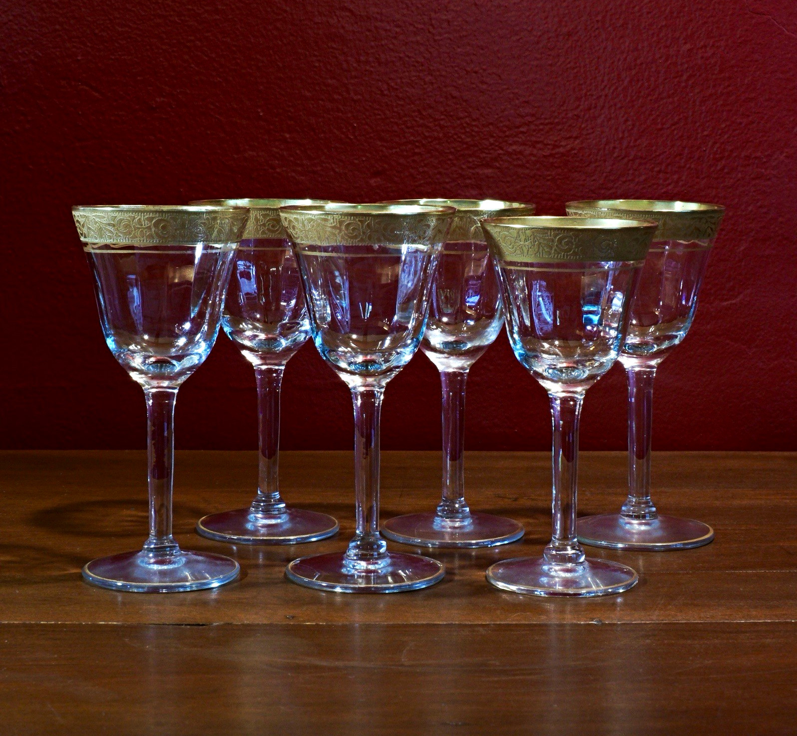 6 Vintage Tiffin-Franciscan Rambler Rose Wine Glasses Gold Encrusted Stem 14196 6 Vintage Tiffin-Franciscan Rambler Rose Wine Glasses Gold Encrusted Stem 14196
