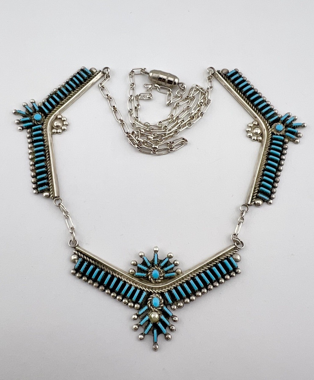 Vtg R. Lasiloo Zuni Sterling Silver Needlepoint Turquoise Collar Necklace 25.5\