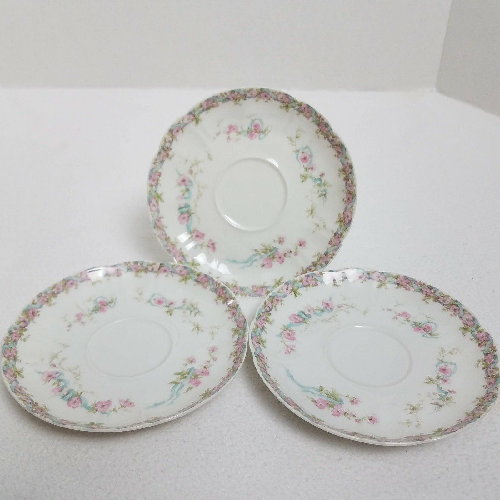 Haviland Limoges France Schleiger 57B Pink Roses Blue Scrolls Set (3) Saucers