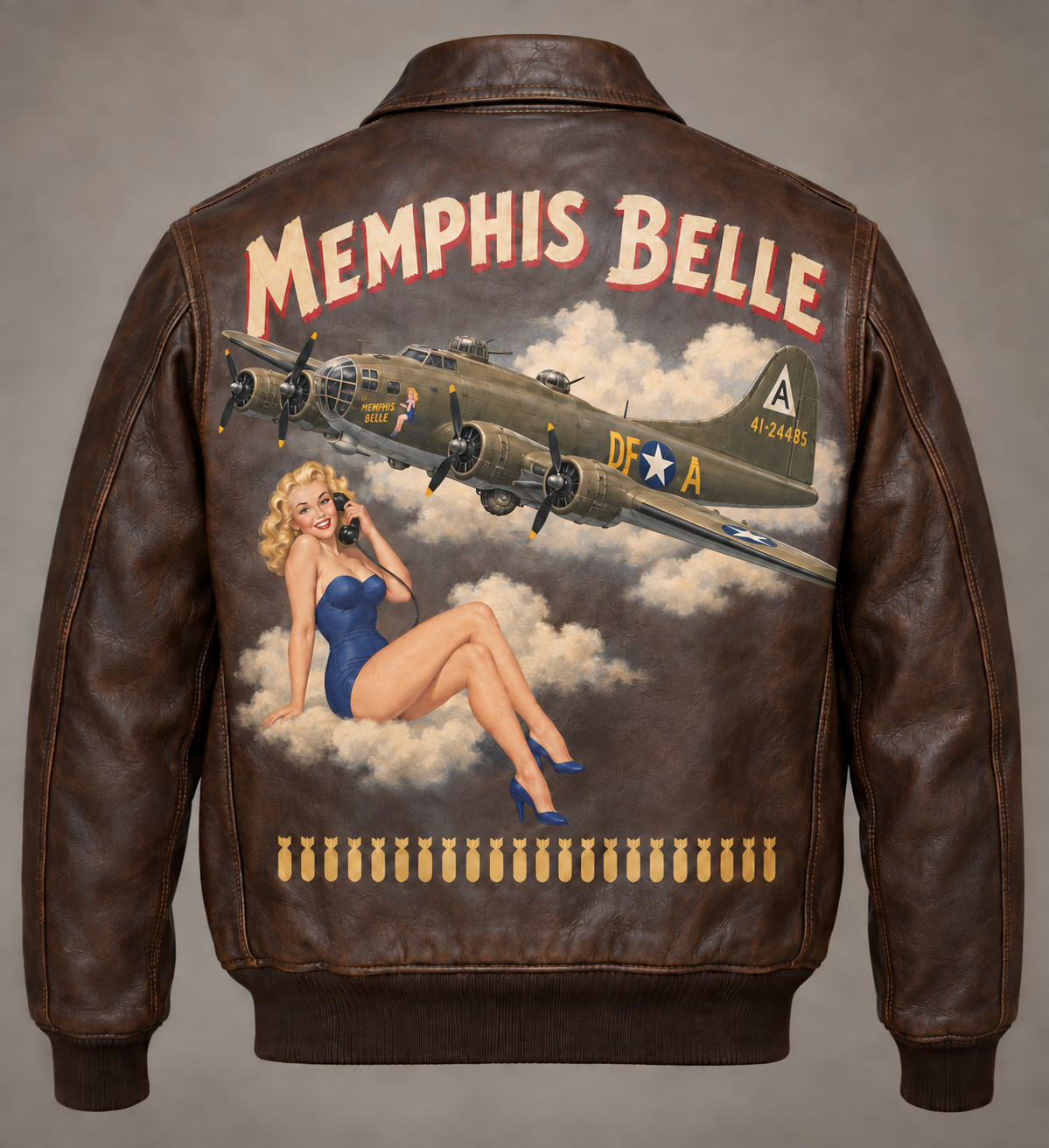 Memphis Belle Men's Genuine Leather A2 Bomber Jacket WWII Nose Art