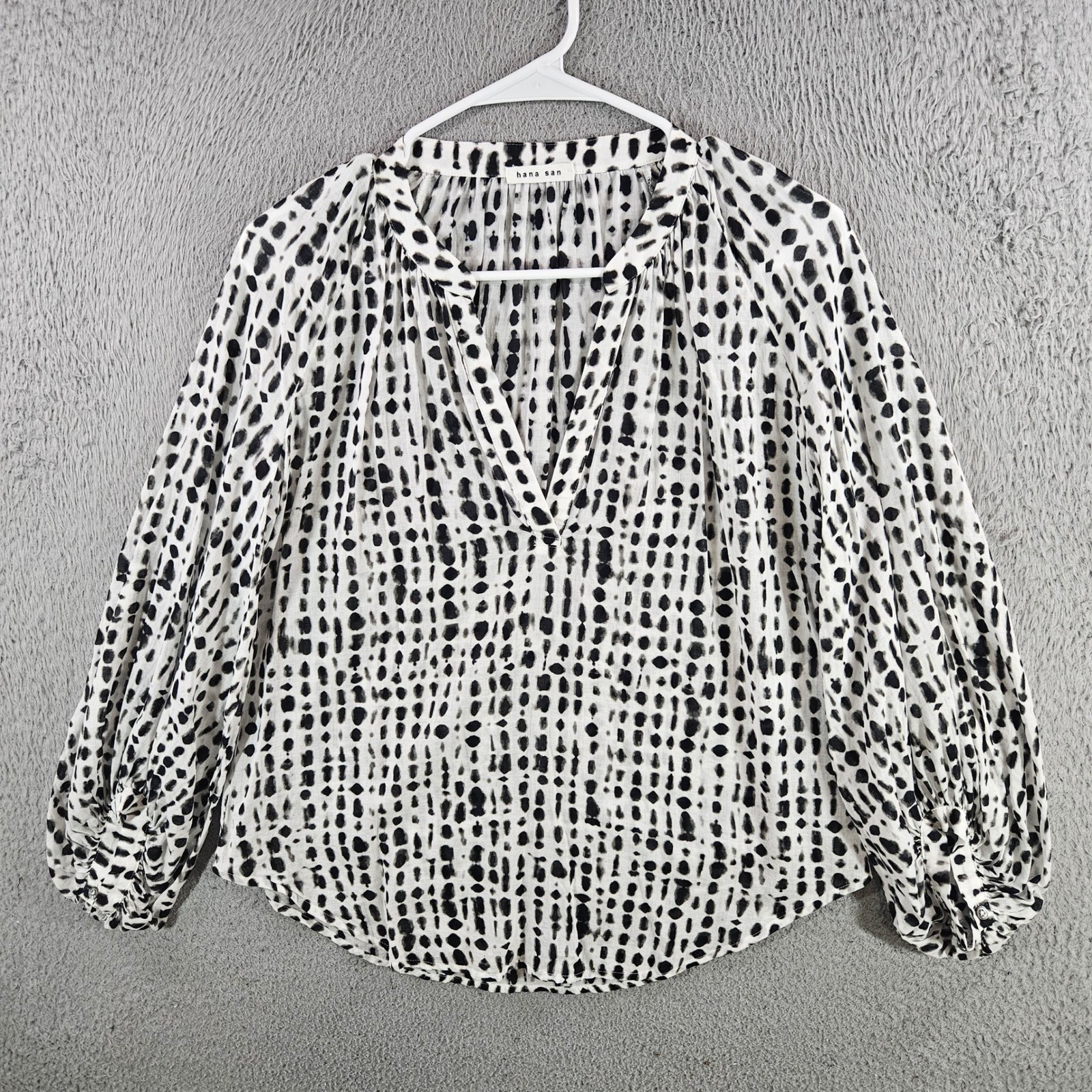 Hana San Womens Abstract Dot Print V-Neck Balloon Sleeve Blouse Size 34 Hana San Womens Abstract Dot Print V-Neck Balloon Sleeve Blouse Size 34