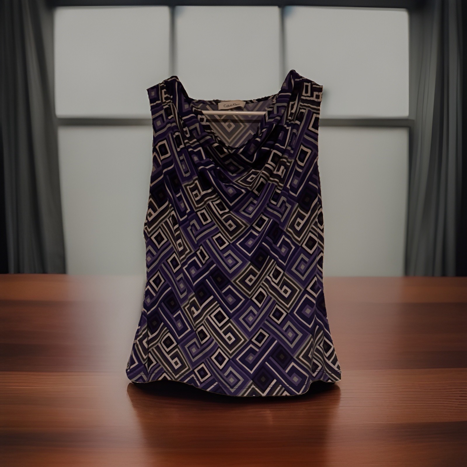 Calvin Klein Women’s Top Cowl Neck Geometric Multi-color Purple Calvin Klein Women’s Top Cowl Neck Geometric Multi-color Purple
