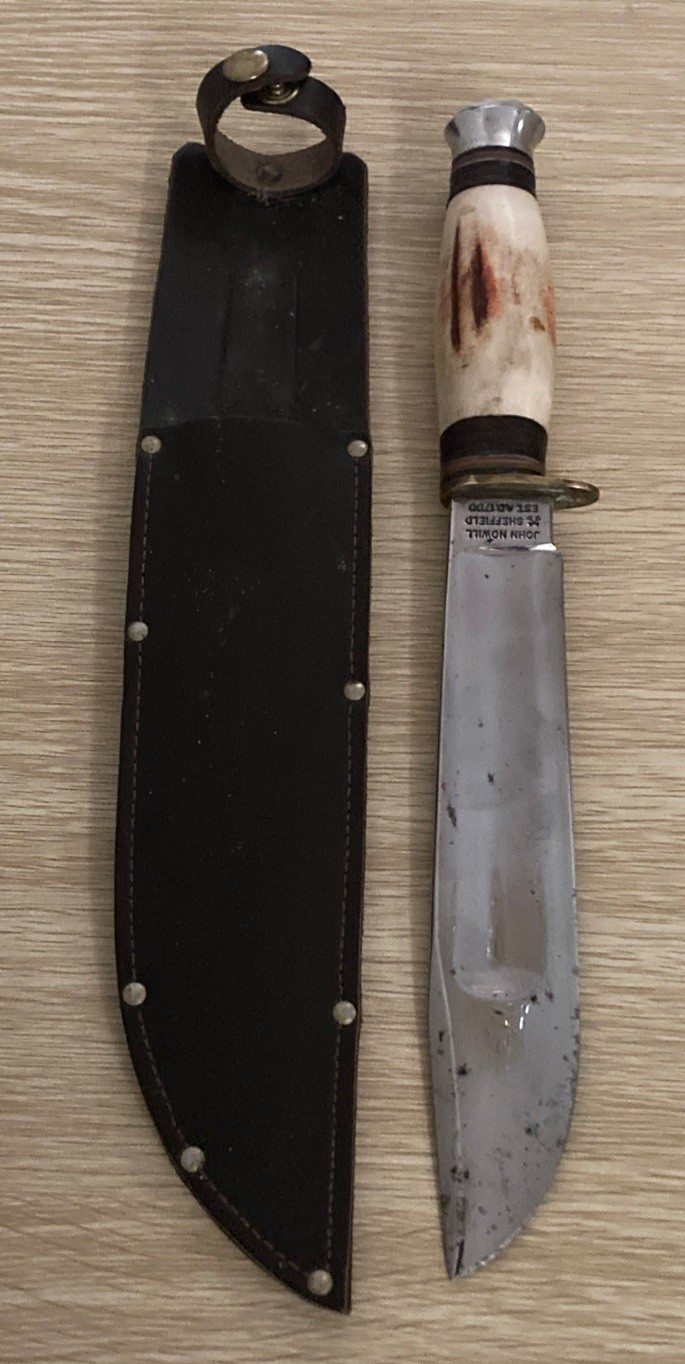 JOHN NOWILL ENGLAND VINTAGE STAG LARGE HUNTING KNIFE WITH SHEATH RARE. JOHN NOWILL ENGLAND VINTAGE STAG LARGE HUNTING KNIFE WITH SHEATH RARE.
