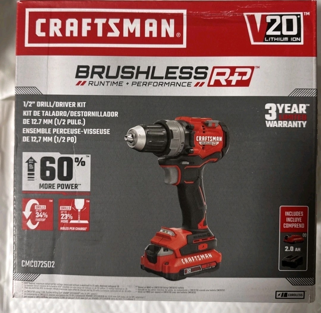CRAFTSMAN V20 1/2 Inch Drill/Driver Kit with 2 Batteries and Charger (CMCD725D2) CRAFTSMAN V20 1/2 Inch Drill/Driver Kit with 2 Batteries and Charger (CMCD725D2)