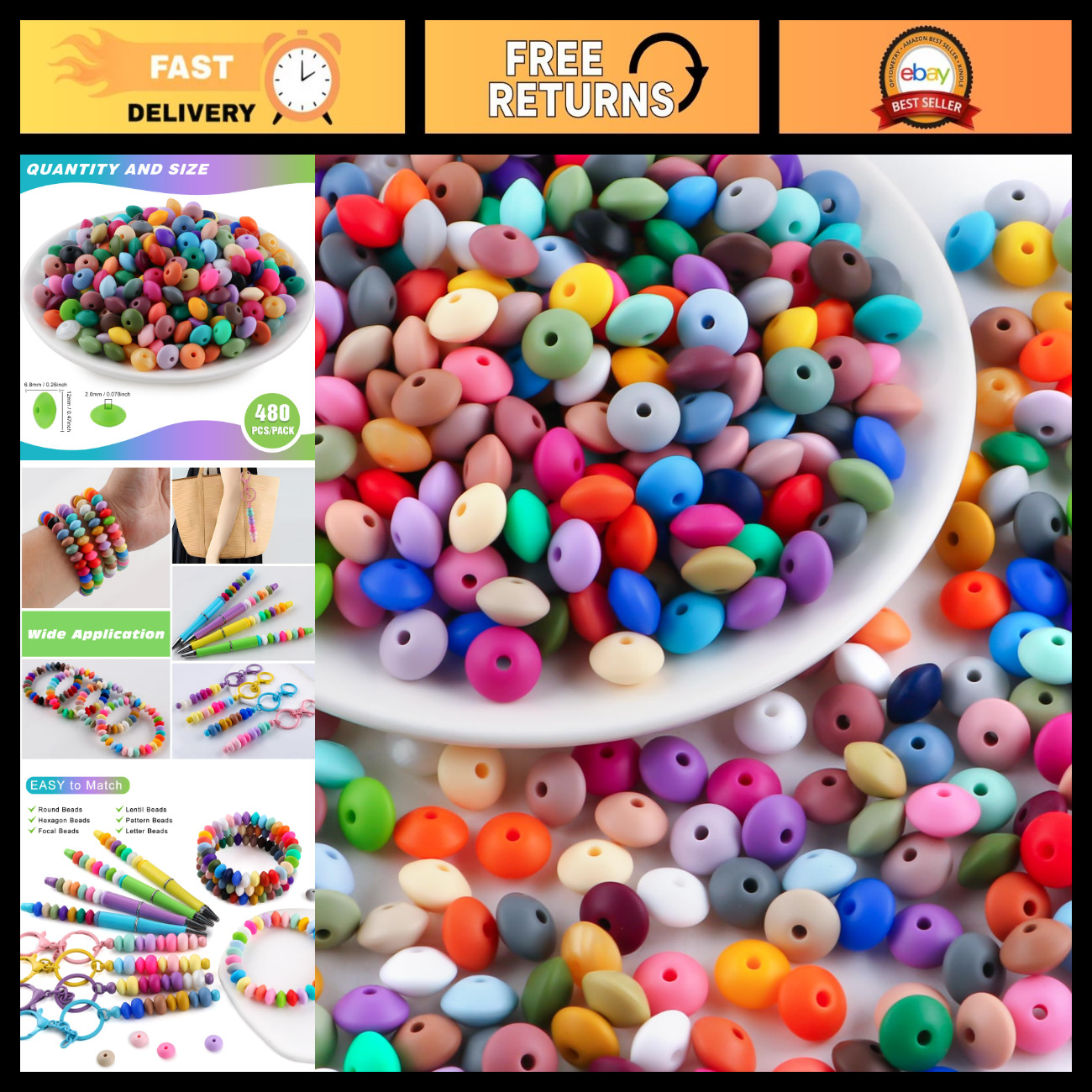 480Pcs 12mm Mixed Color Silicone Spacer Beads for Keychains, Pens, Necklaces & B