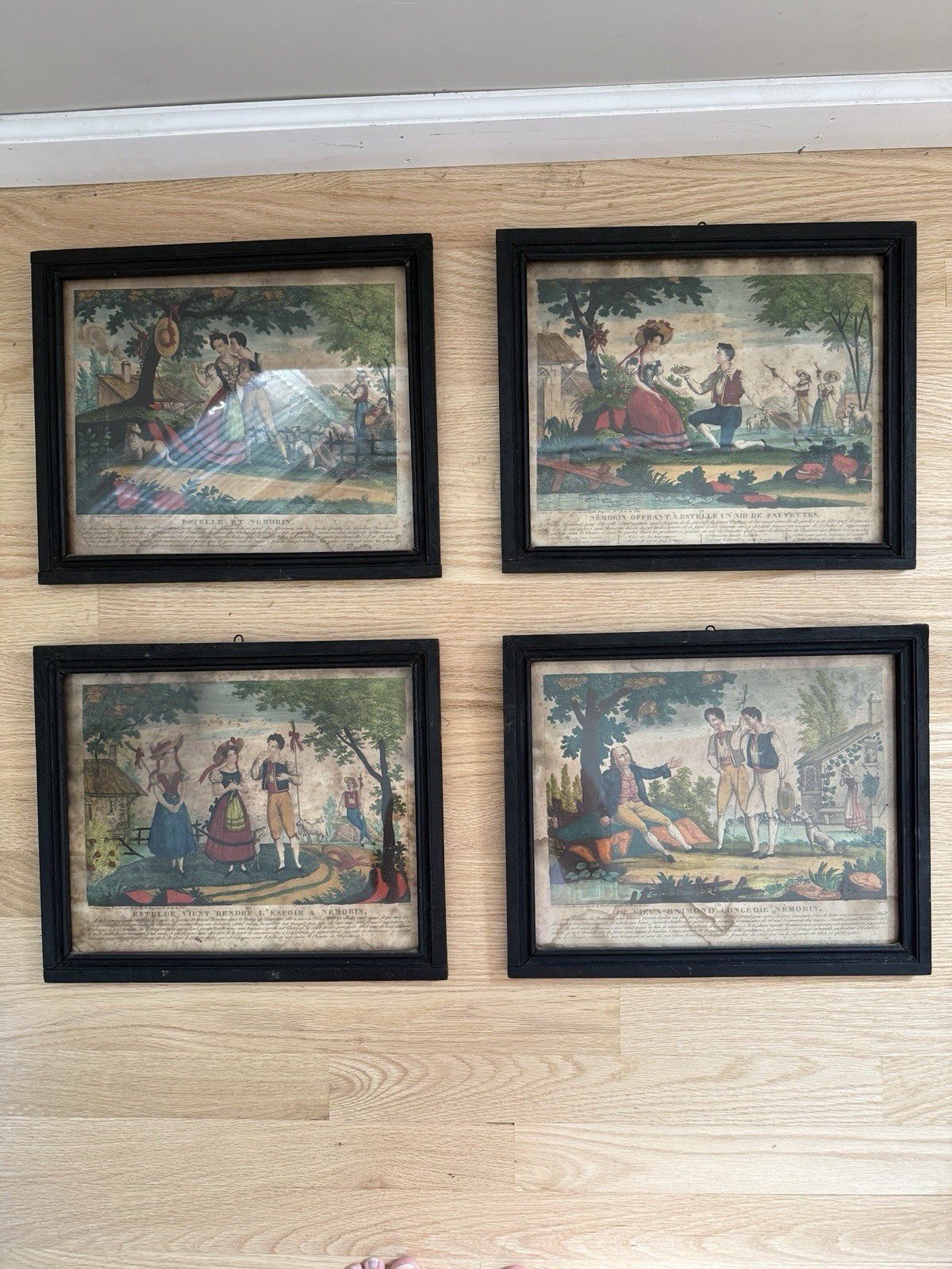 Set Of 4 Antique French Estelle & Nemorin Color Engravings Maesani Paris Framed