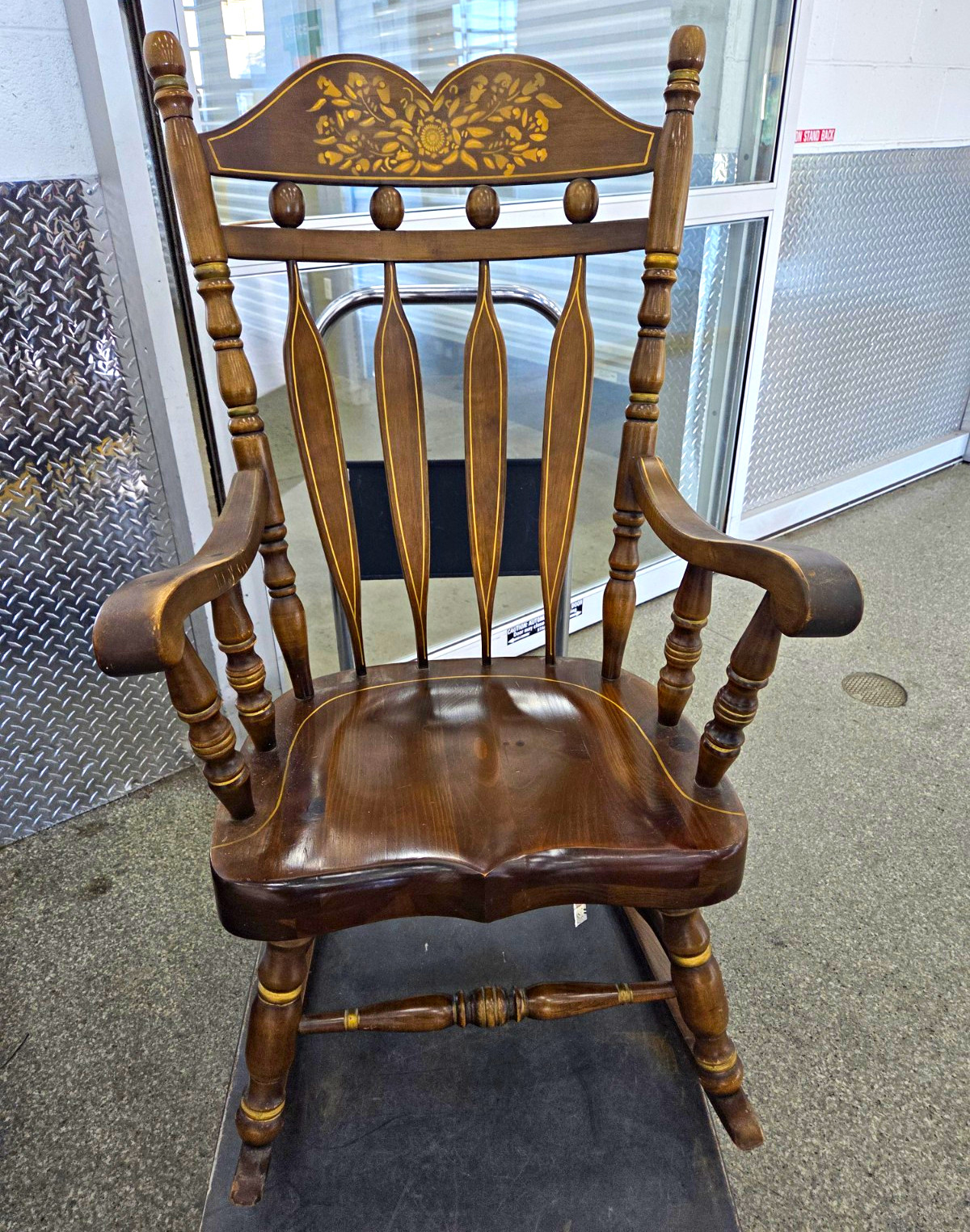 Wood Rocking Chair with Arms, Carved Floral Backrest, Brown Dark Wood Wood Rocking Chair with Arms, Carved Floral Backrest, Brown Dark Wood