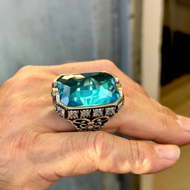 Ottoman Style Men Silver Aquamarine Large Unique Men Ring