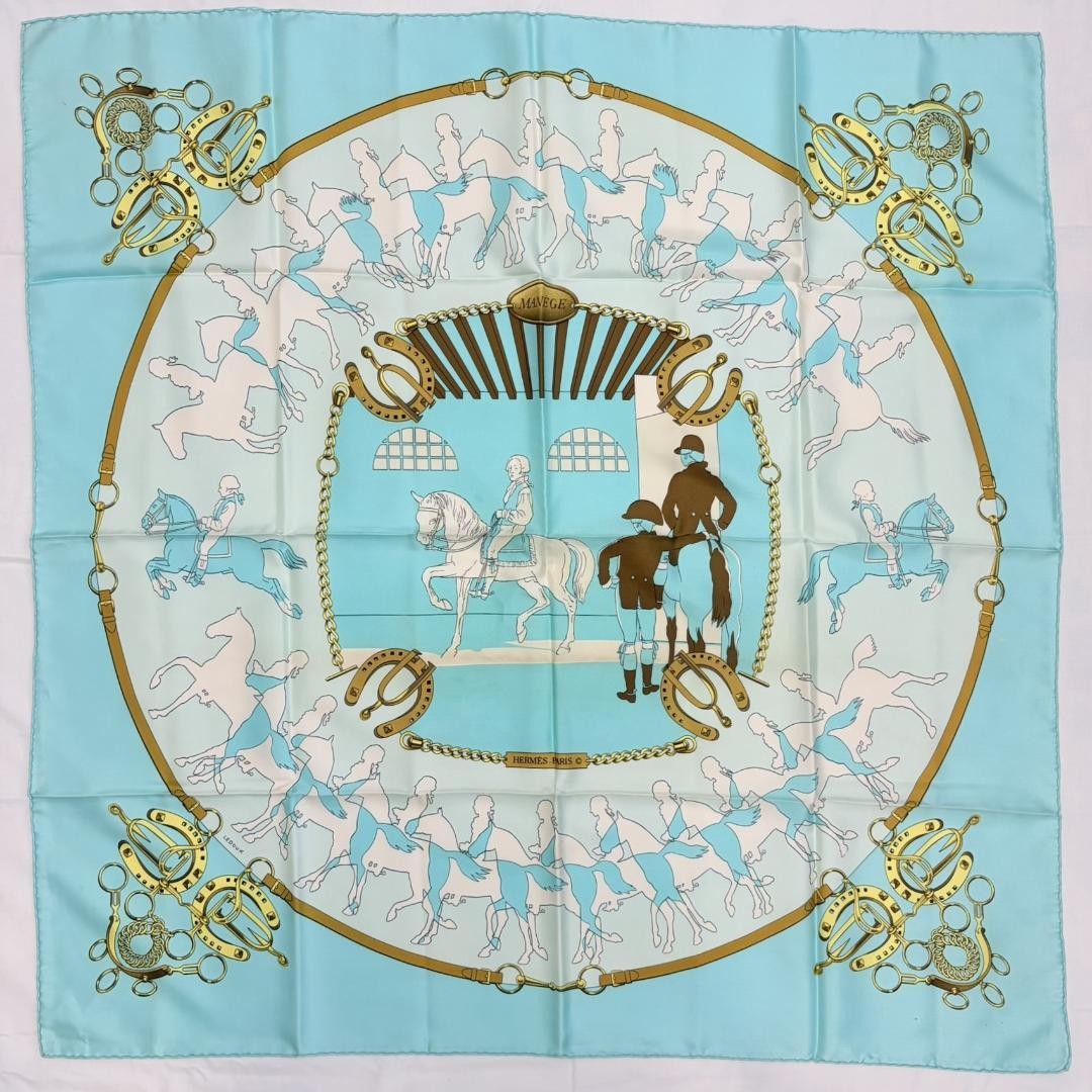 Hermes Carre 90 MANEGE Silk Scarf Light Blue Gold Brown Very Good with Tag Hermes Carre 90 MANEGE Silk Scarf Light Blue Gold Brown Very Good with Tag