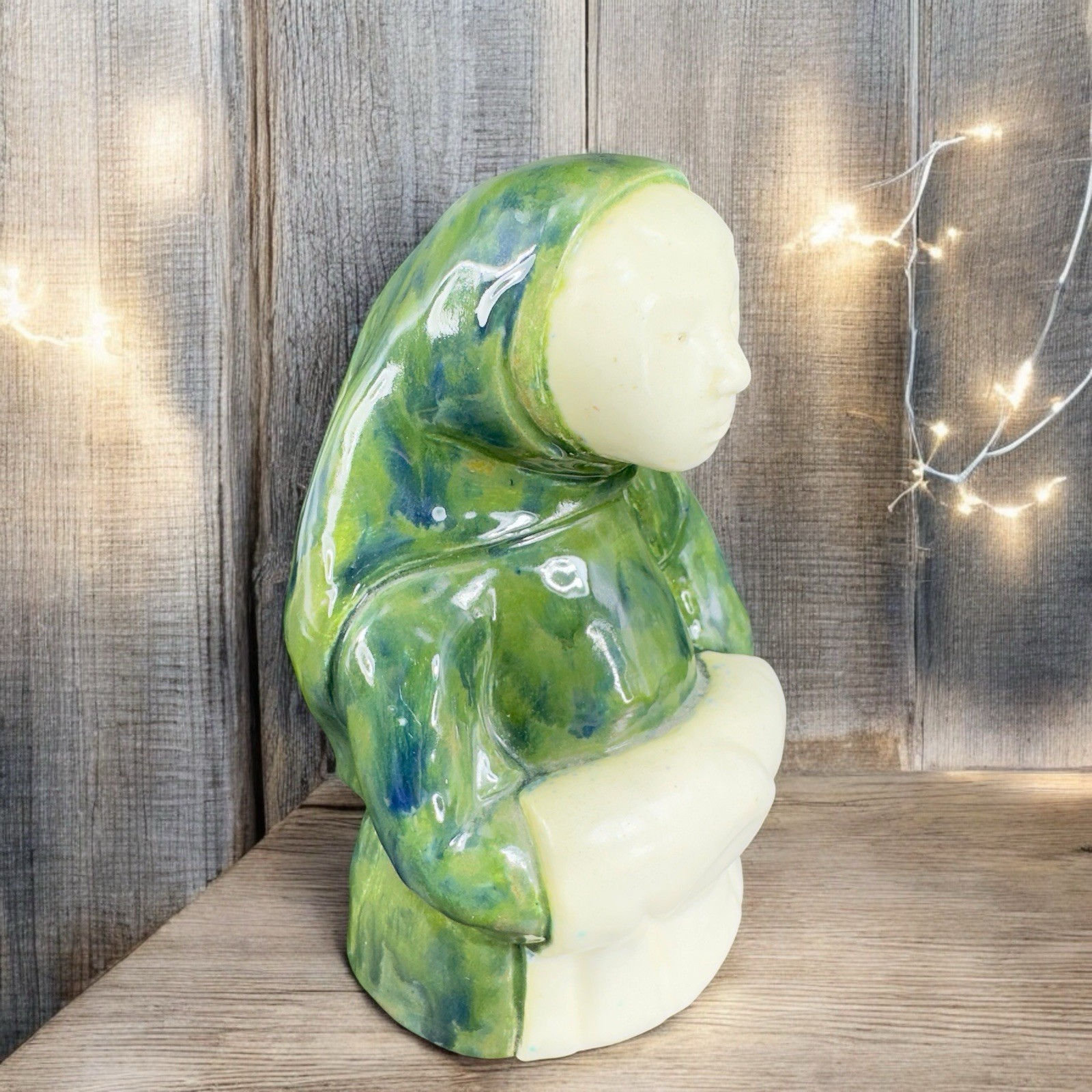 Vintage Hand Made Folk Art Figurine Woman Wearing Green Cloak Wrap Sculpture VTG Vintage Hand Made Folk Art Figurine Woman Wearing Green Cloak Wrap Sculpture VTG
