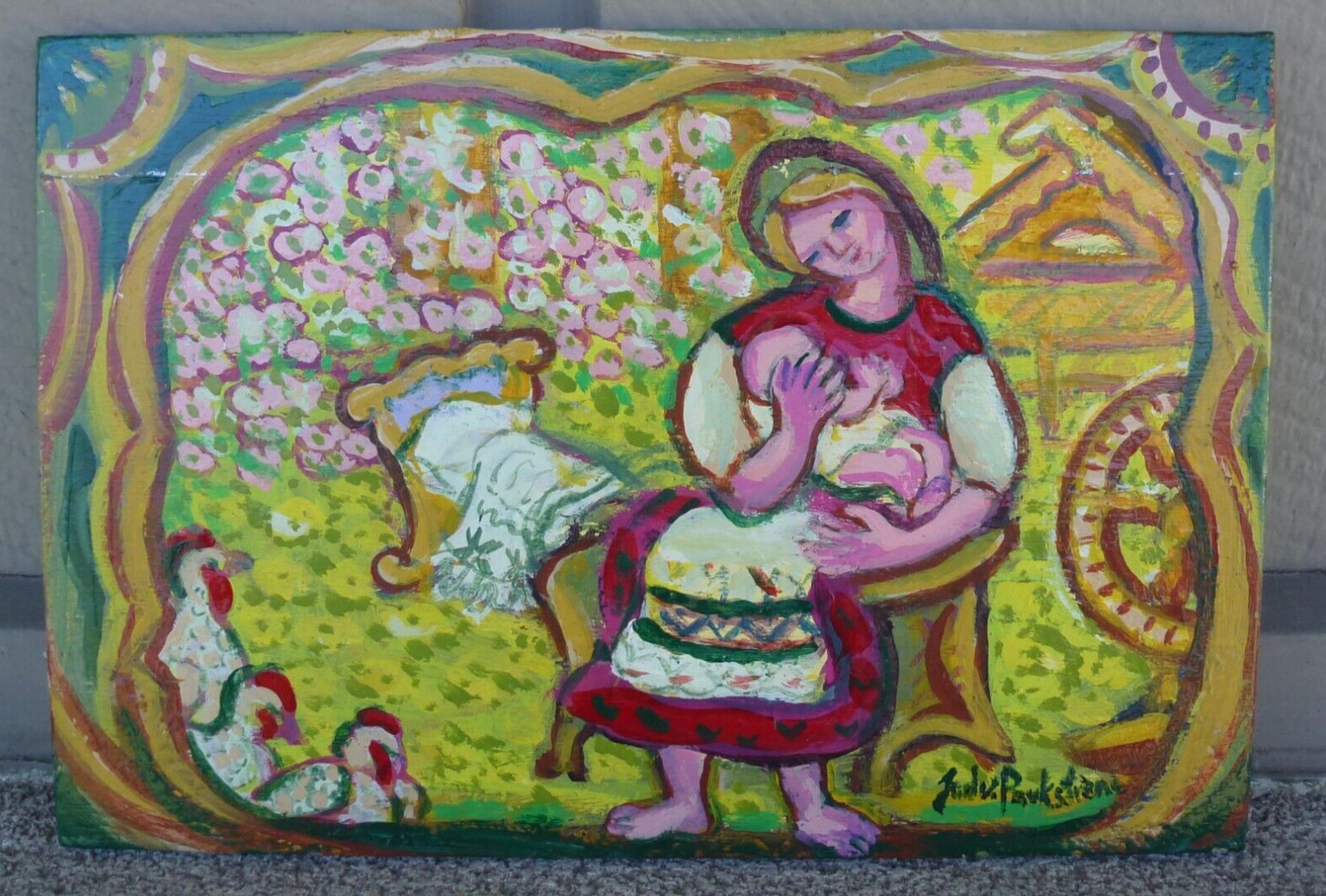 JADVYGA PAUKSTIENE OIL PAINTING on wood 1984 LITHUANIAN MODERNIST CHICAGO