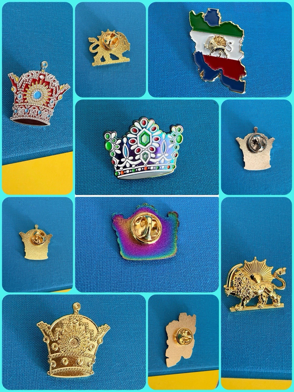 vintage mixed lot lapel pins CROWN QUEEN KING IRAN MAP ست تاج و نقشه ایران پهلوی vintage mixed lot lapel pins CROWN QUEEN KING IRAN MAP ست تاج و نقشه ایران پهلوی