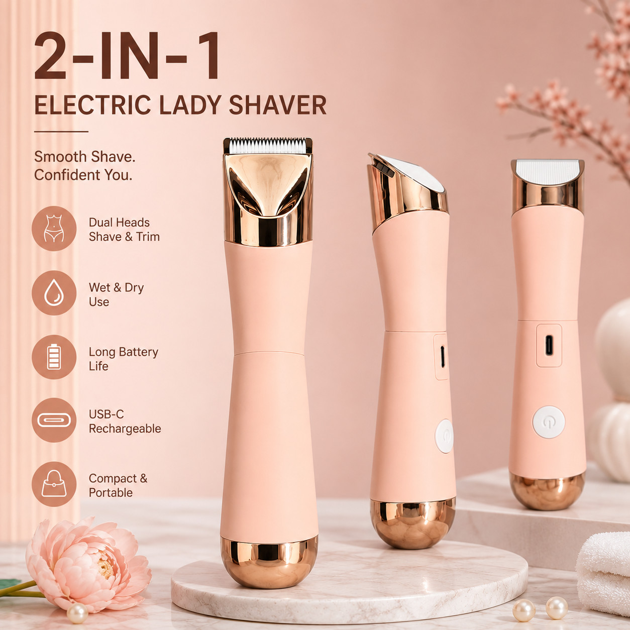 2-in-1 Electric Bikini Trimmer for Women USB-C Rechargeable Wet Dry Shaver Pink 2-in-1 Electric Bikini Trimmer for Women USB-C Rechargeable Wet Dry Shaver Pink