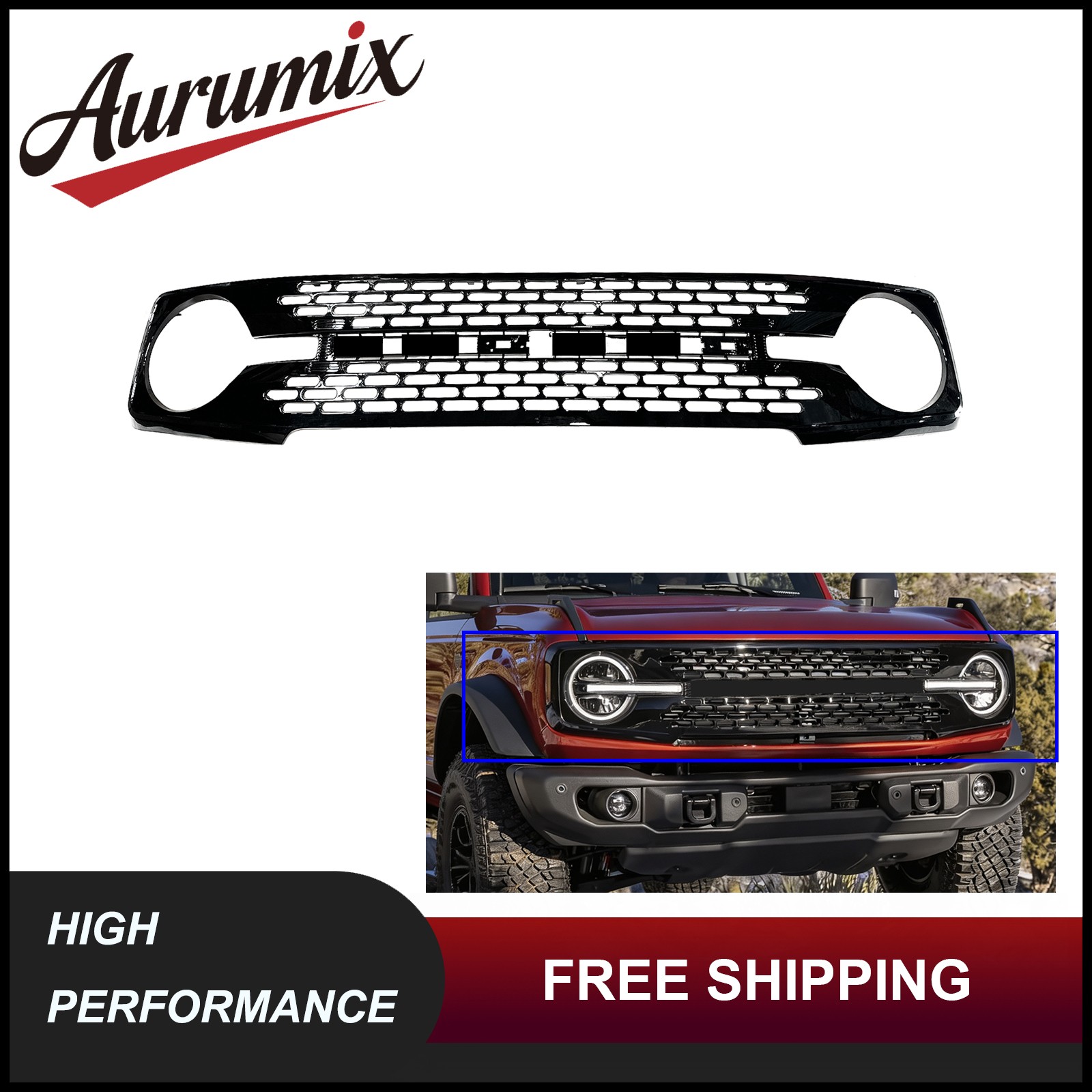 Fits 2021-2024 Ford Bronco New Bright Black Front Grille Mesh Grill W/O Letters Fits 2021-2024 Ford Bronco New Bright Black Front Grille Mesh Grill W/O Letters