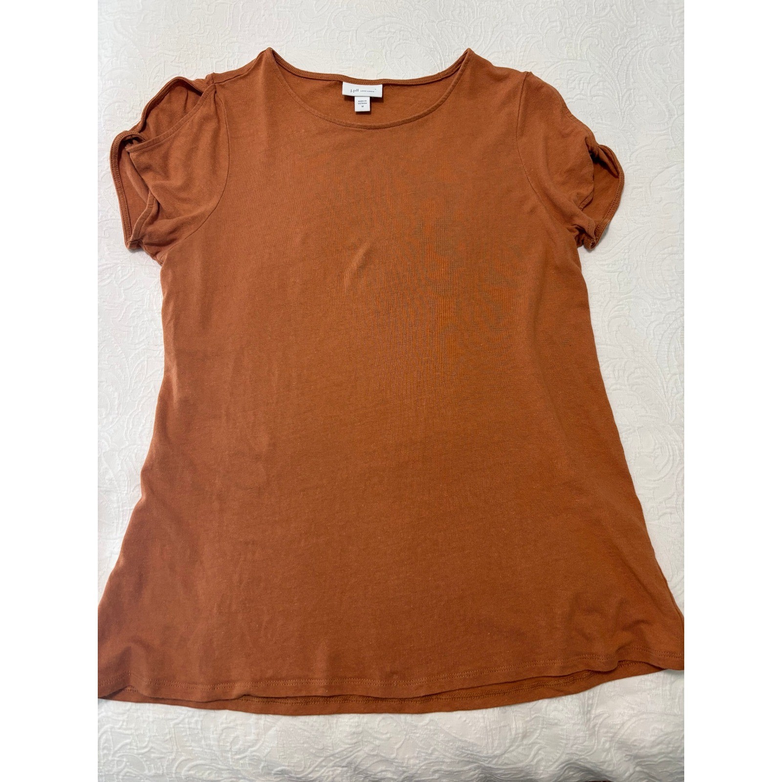 J. Jill Love Linen Rust Orange Tulip Sleeve Knit Top Medium J. Jill Love Linen Rust Orange Tulip Sleeve Knit Top Medium