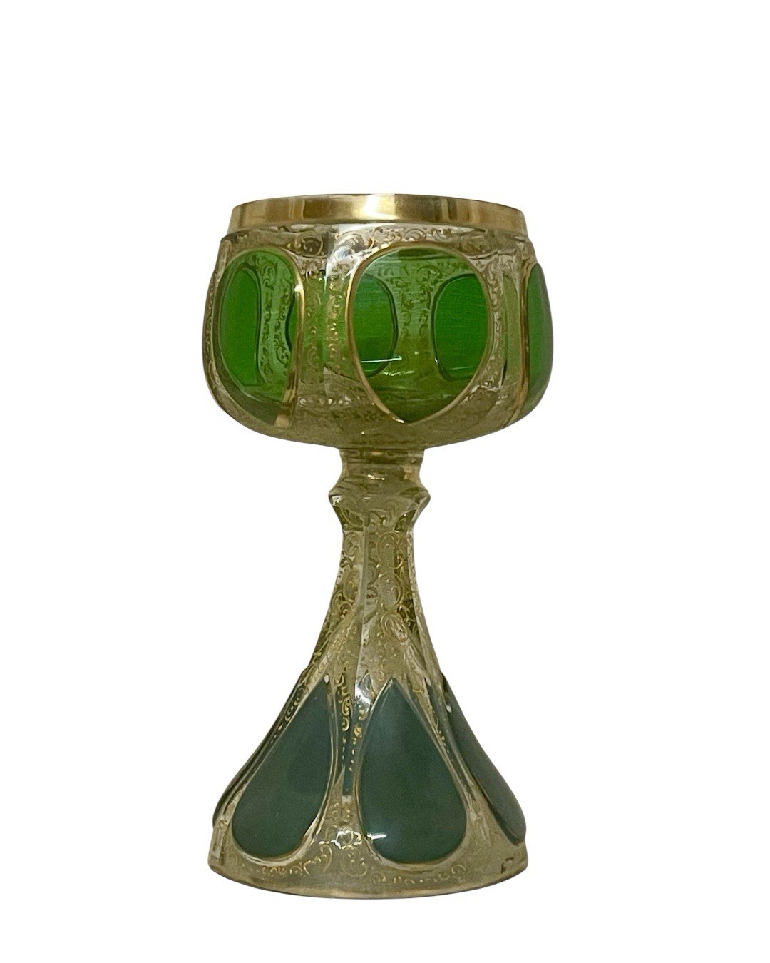 Antique Bohemian Glass Goblet - Emerald Green Cut Overlay - c.1880-1910