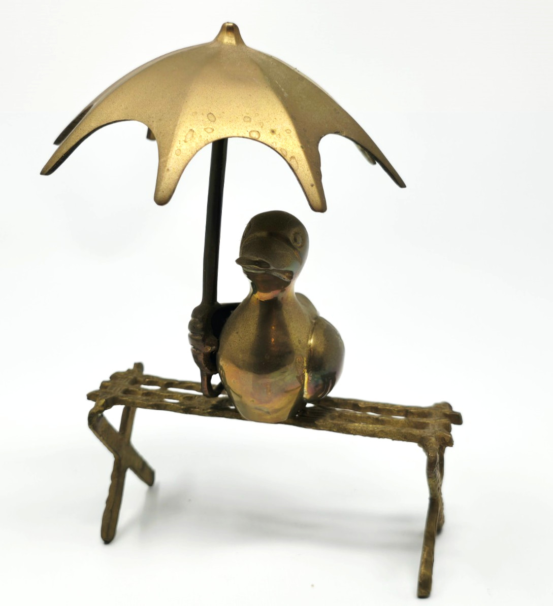 Vintage Brass  Duck on Bench Umbrella Sculpture 6 3/4\
