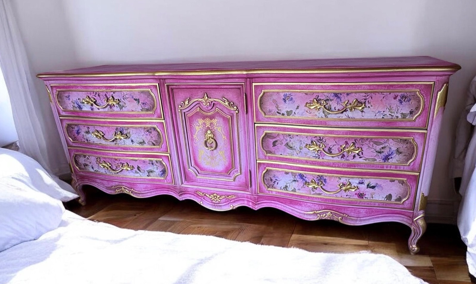 Magnificent Pink and Gold Dresser With Floral Details